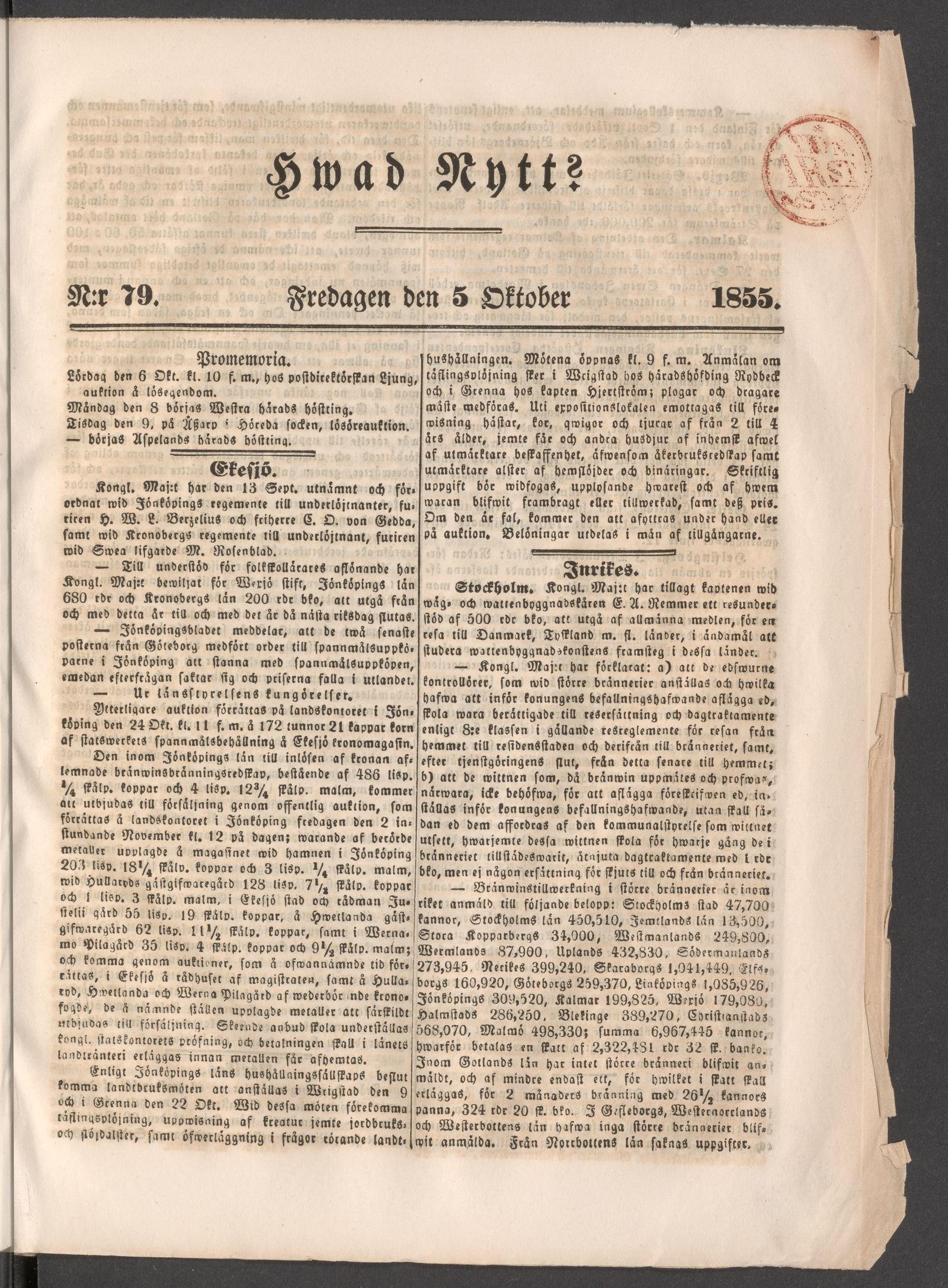 Tidningssida ur HVAD NYTT?, 1855-10-05