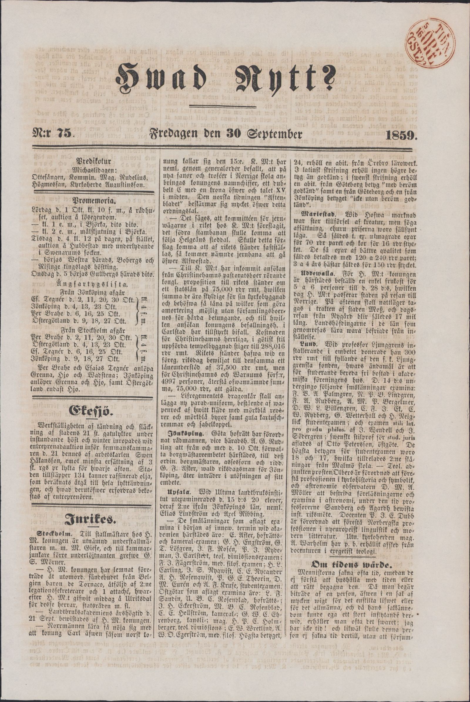 Tidningssida ur HVAD NYTT?, 1859-09-30