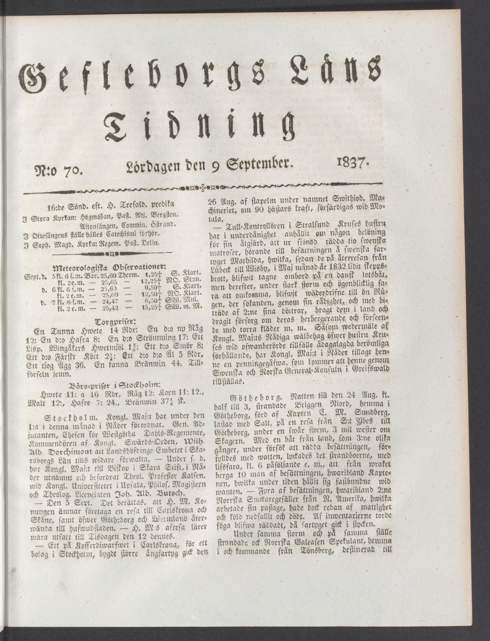 Tidningssida ur GEFLEBORGS LÄNS TIDNING, 1837-09-09