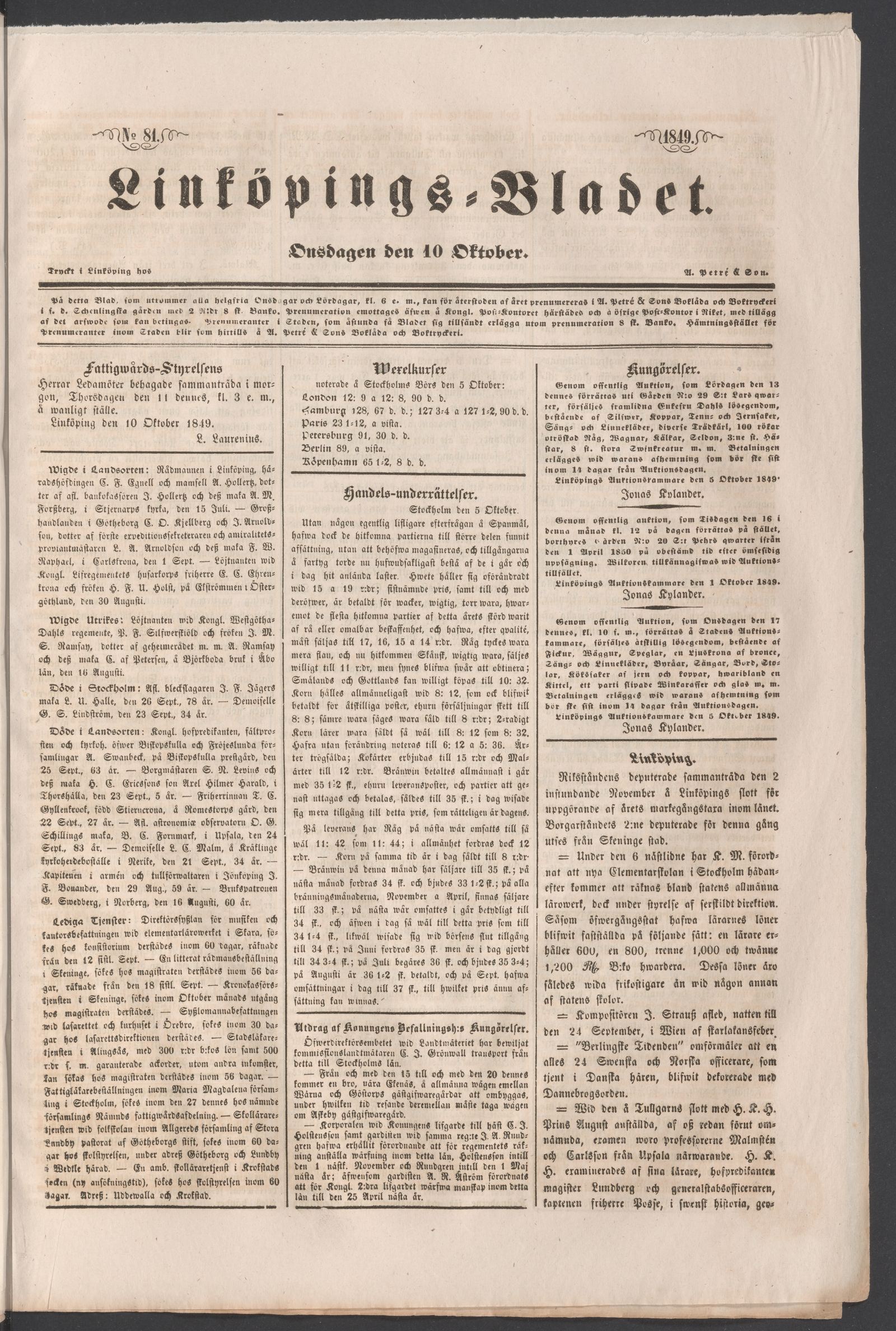 Tidningssida ur LINKÖPINGSBLADET, 1849-10-10
