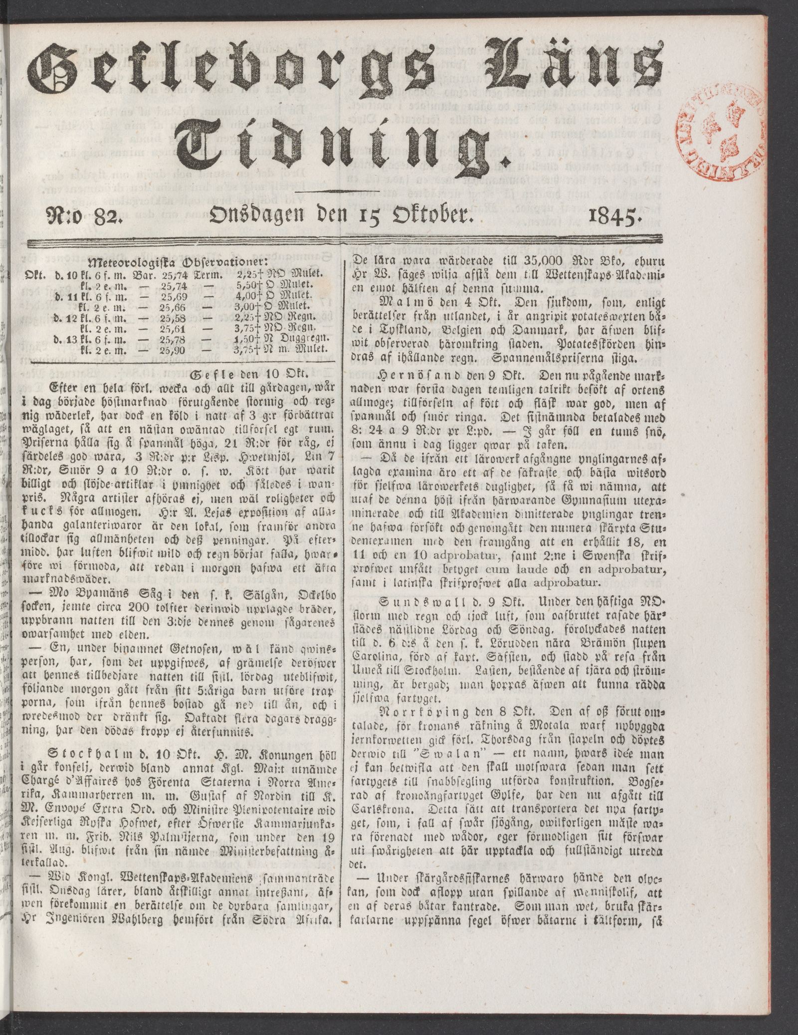 Tidningssida ur GEFLEBORGS LÄNS TIDNING, 1845-10-15
