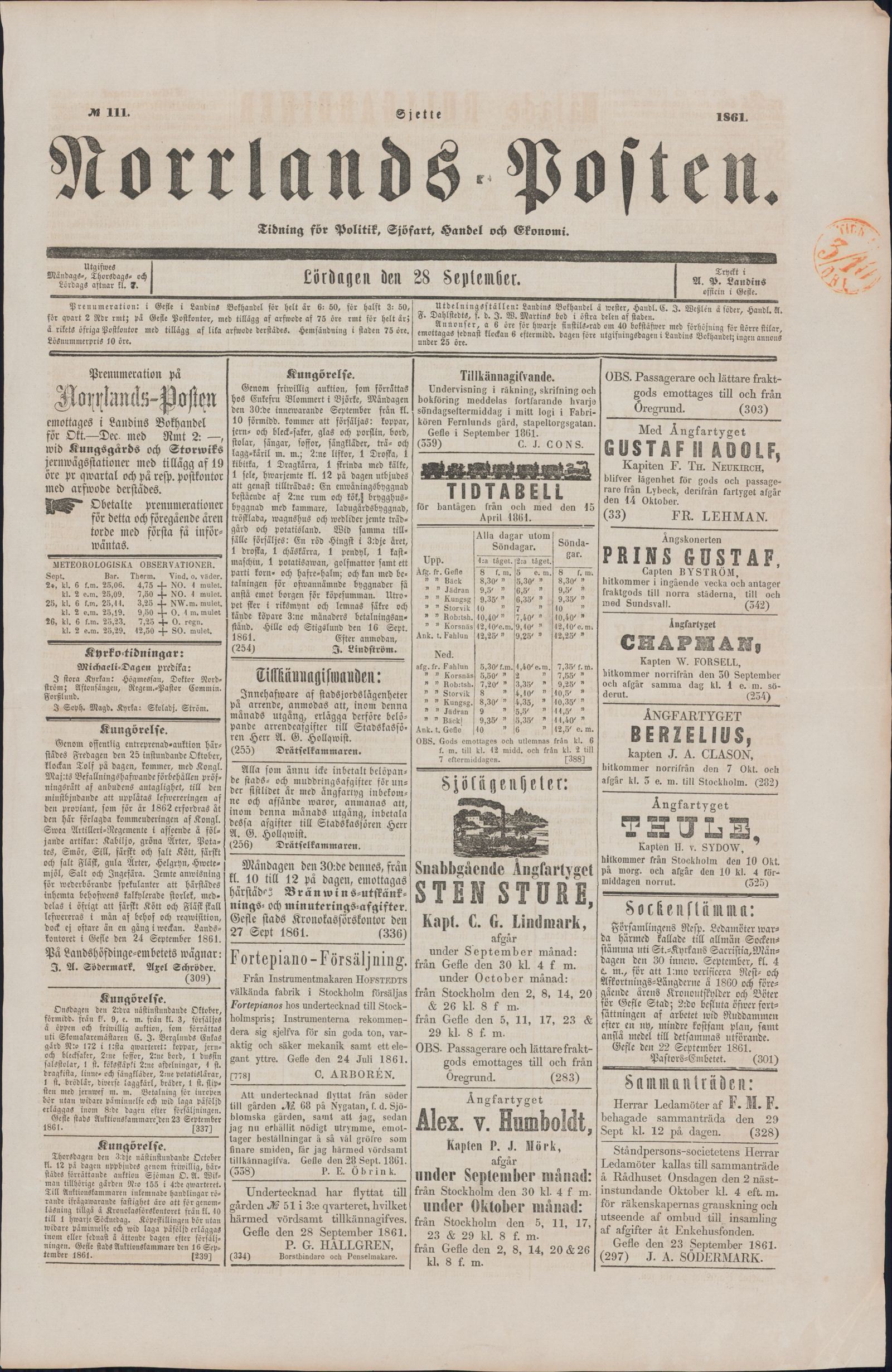 Tidningssida ur NORRLANDSPOSTEN, 1861-09-28