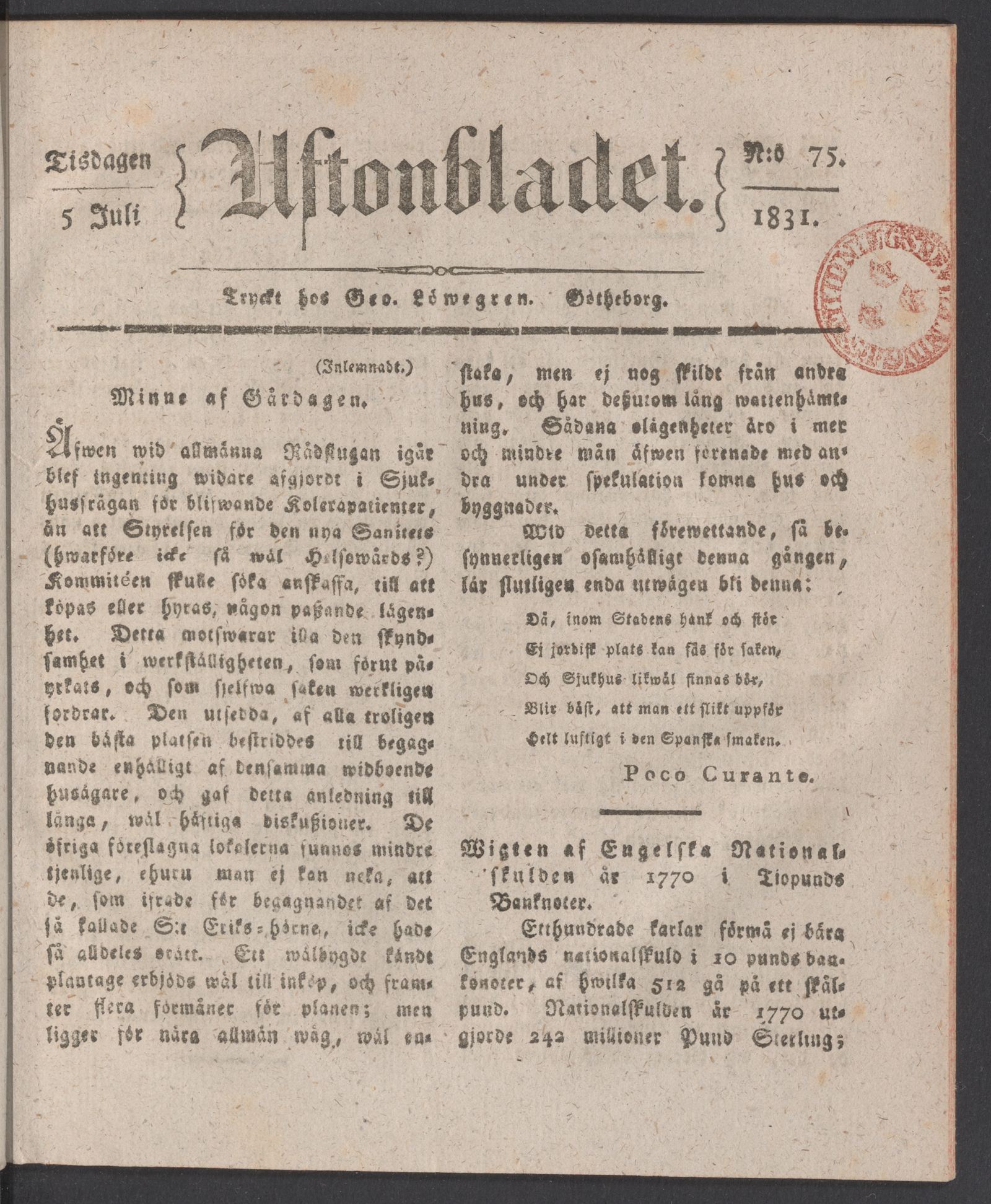 Tidningssida ur AFTONBLADET, 1831-07-05