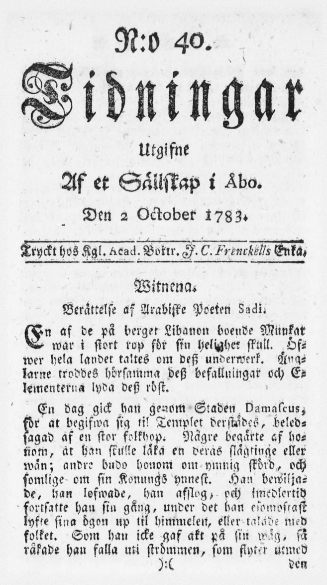 Tidningssida ur TIDNINGAR UTGIFNE AF ET SÄLLSKAP I ÅBO, 1783-10-02