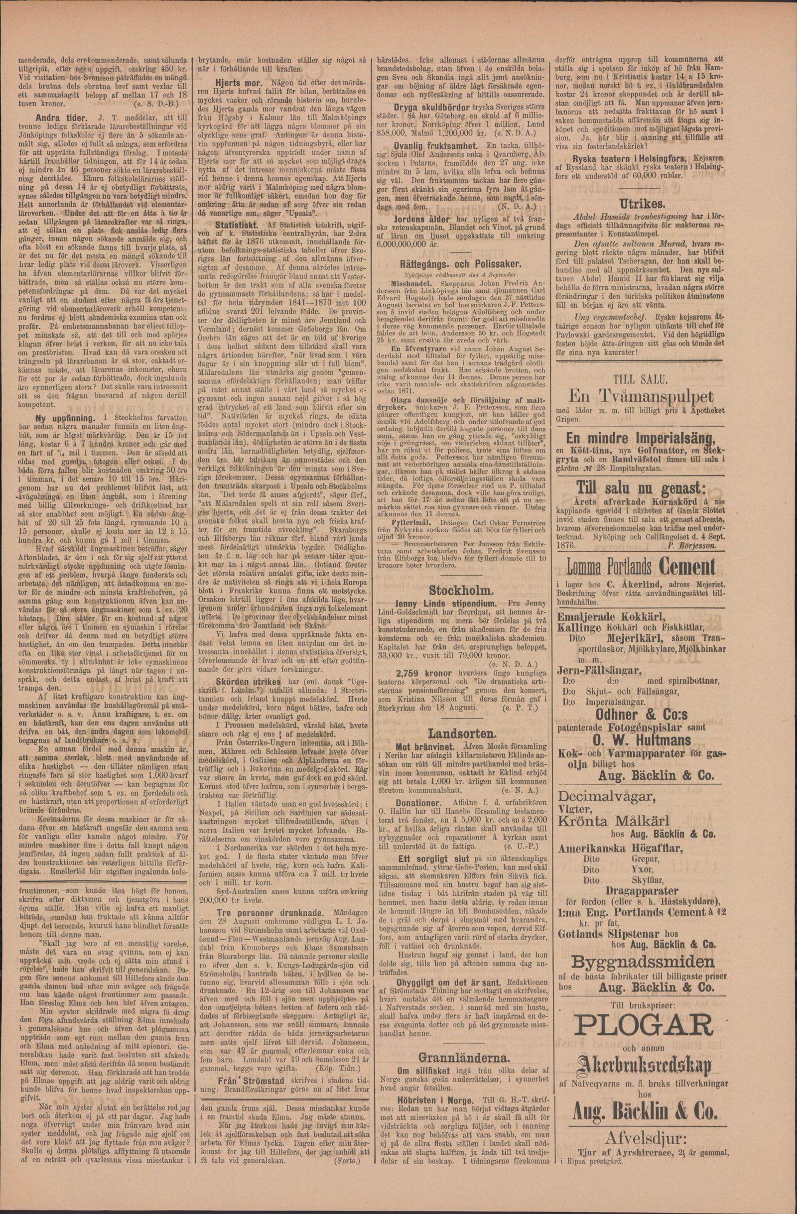 Tidningssida ur Södermanlands Läns Tidning, 1876-09-06