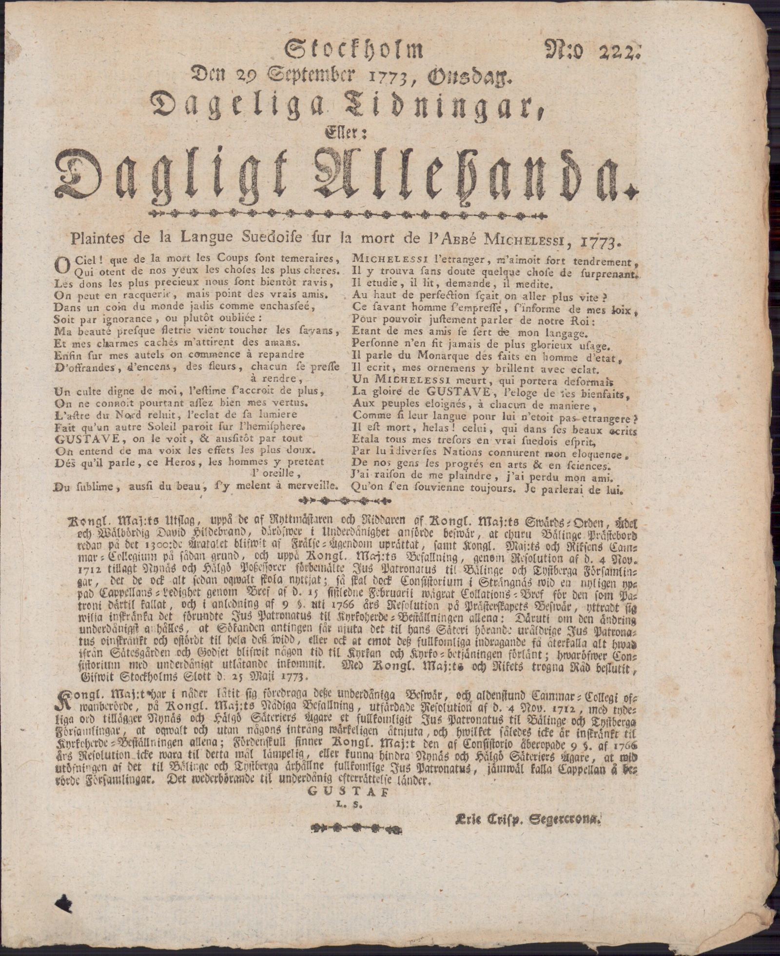 Tidningssida ur DAGLIGT ALLEHANDA, 1773-09-29