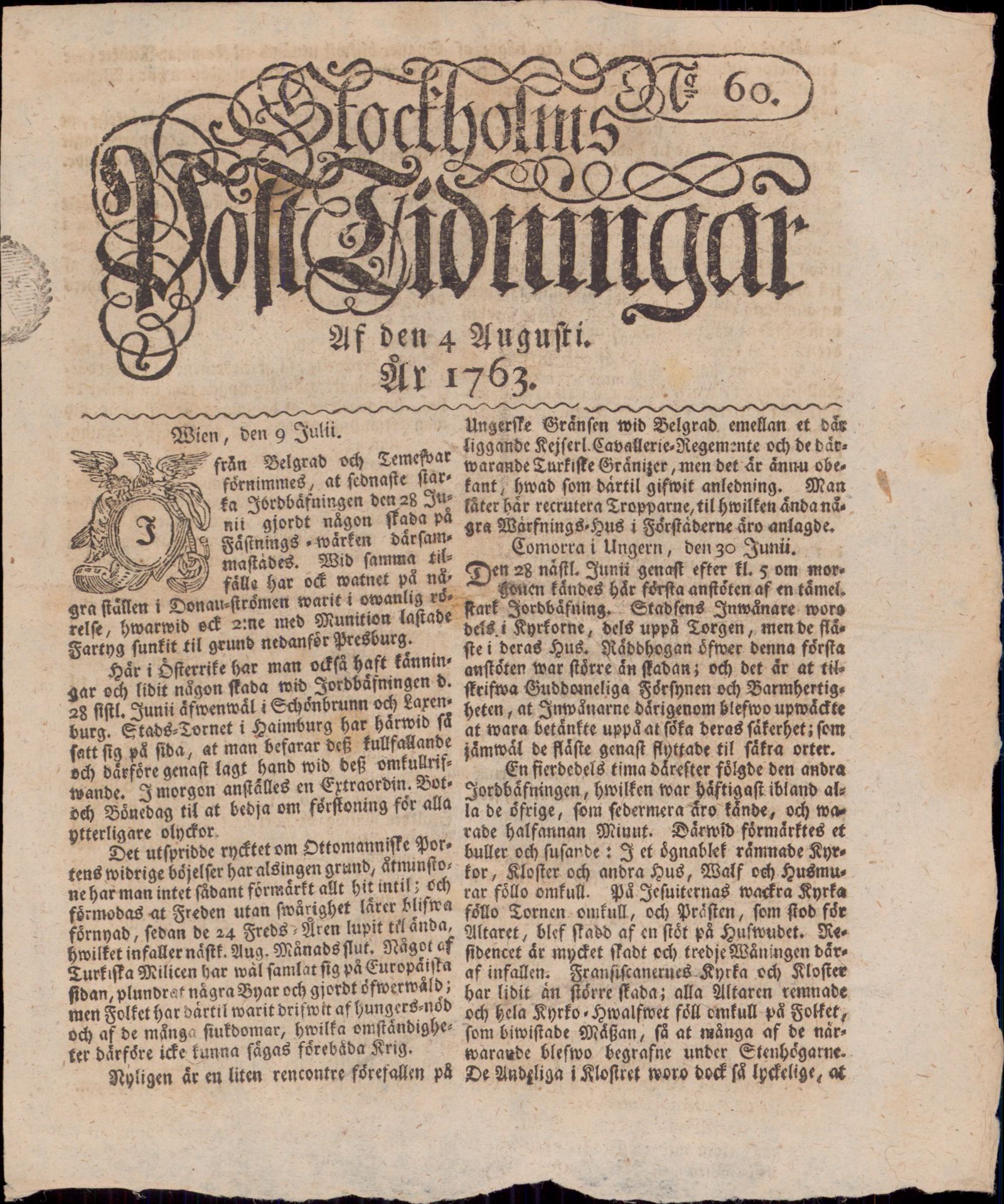 Tidningssida ur POSTTIDNINGAR, 1763-08-04