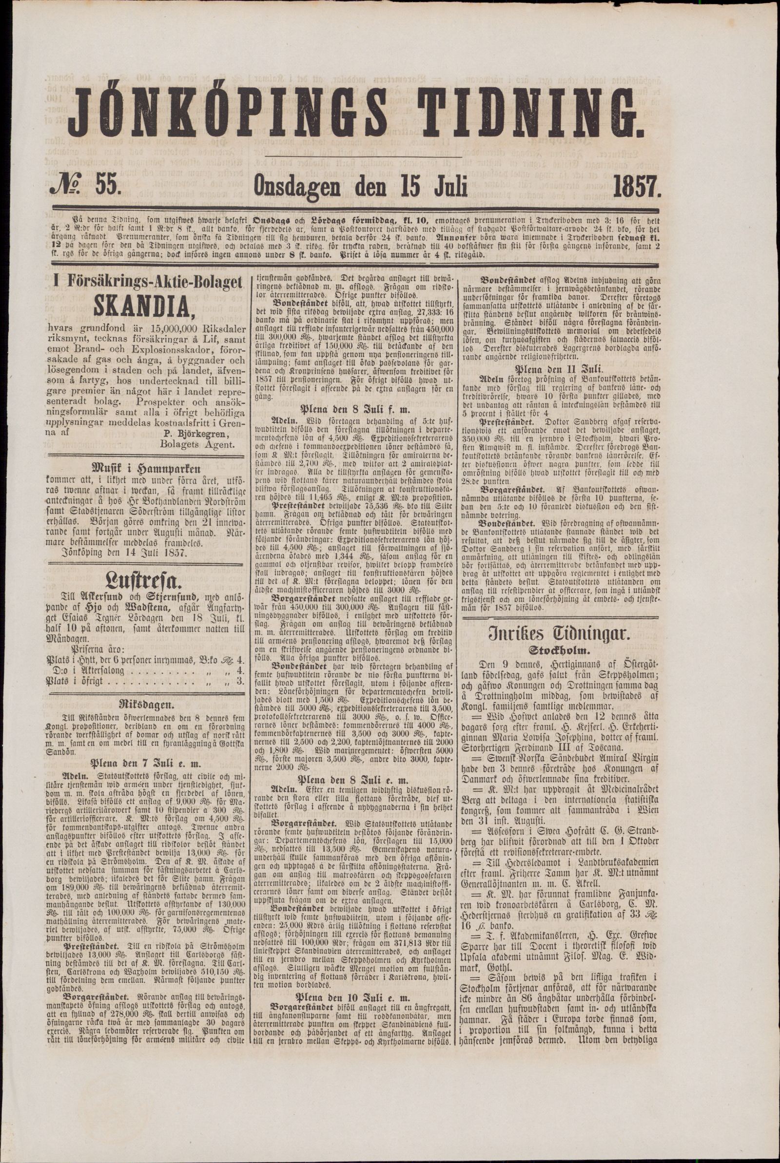 Tidningssida ur JÖNKÖPINGS TIDNING, 1857-07-15