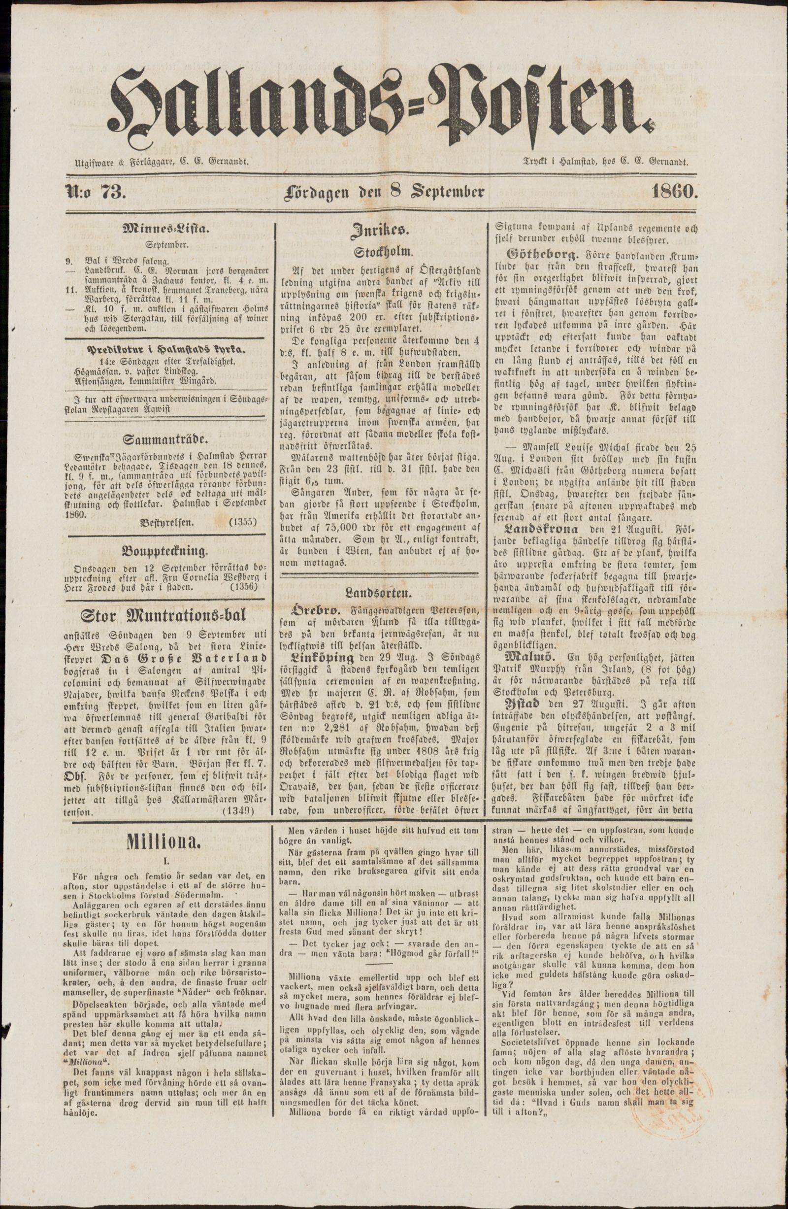 Tidningssida ur HALLANDSPOSTEN, 1860-09-08