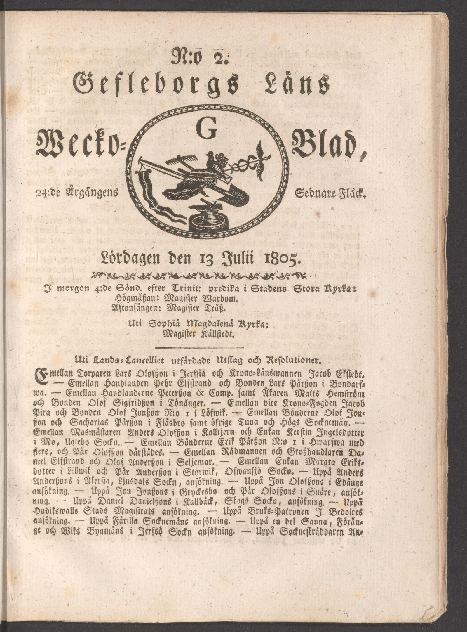 Tidningssida ur WECKOBLAD FÖR GEFLEBORGS LÄN, 1805-07-13