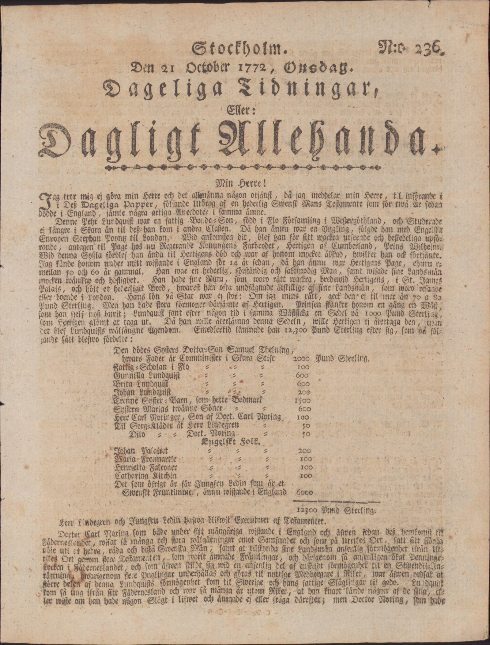 Tidningssida ur DAGLIGT ALLEHANDA, 1772-10-21