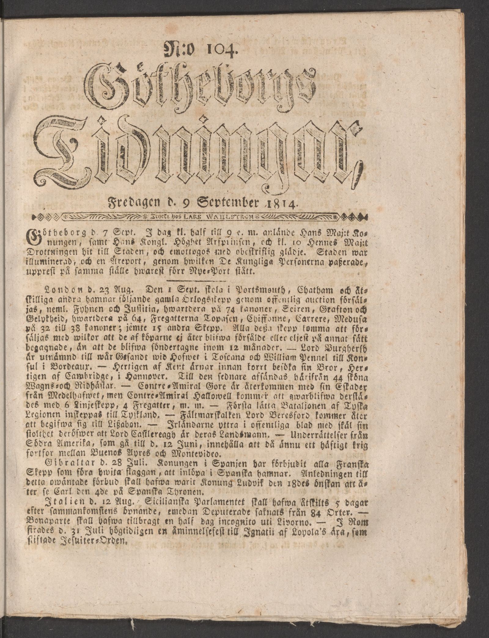 Tidningssida ur GÖTHEBORGS TIDNINGAR, 1814-09-09