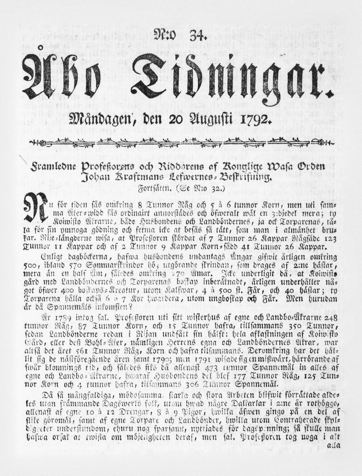 Tidningssida ur ÅBO TIDNINGAR, 1792-08-20