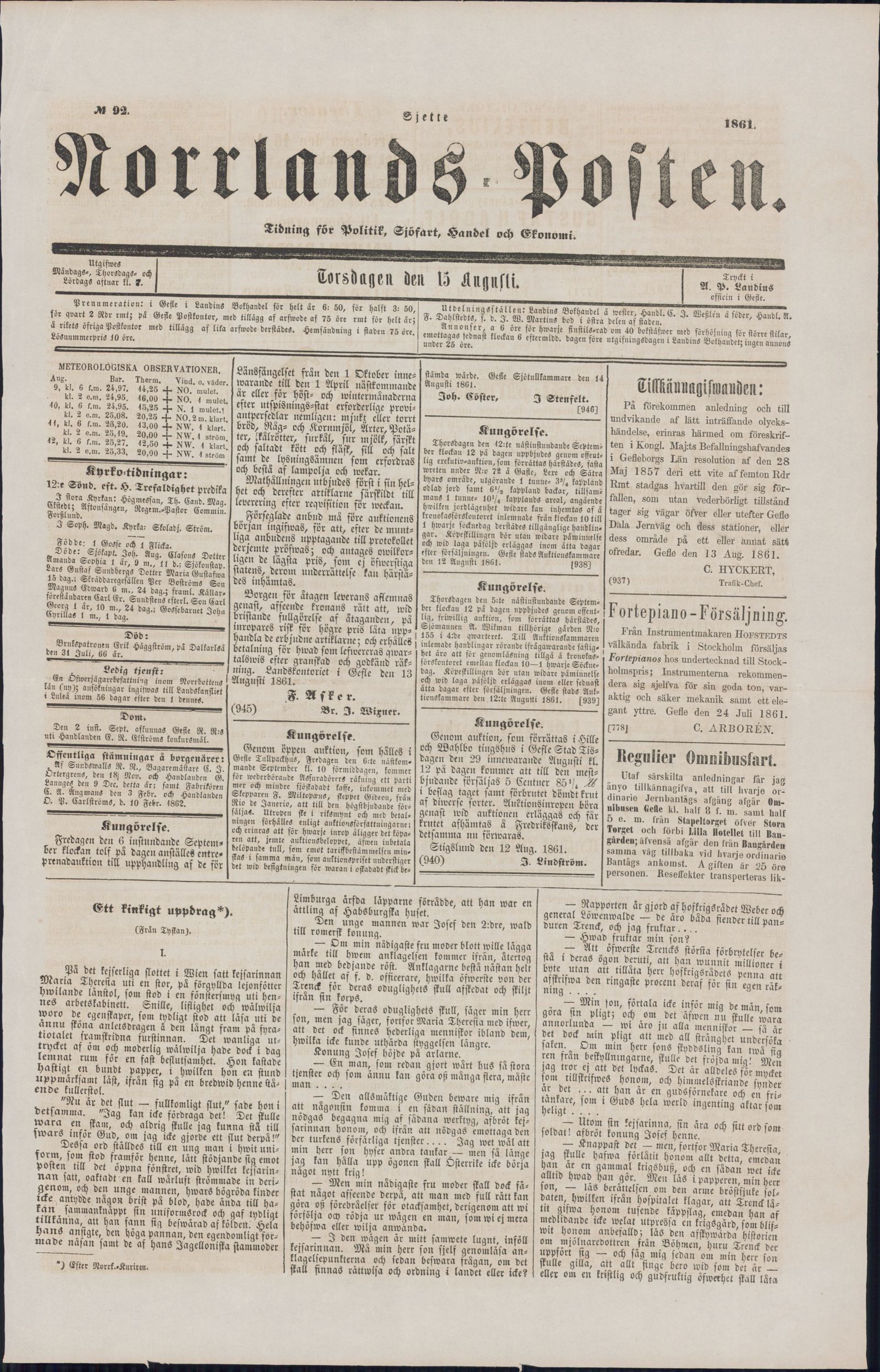 Tidningssida ur NORRLANDSPOSTEN, 1861-08-15