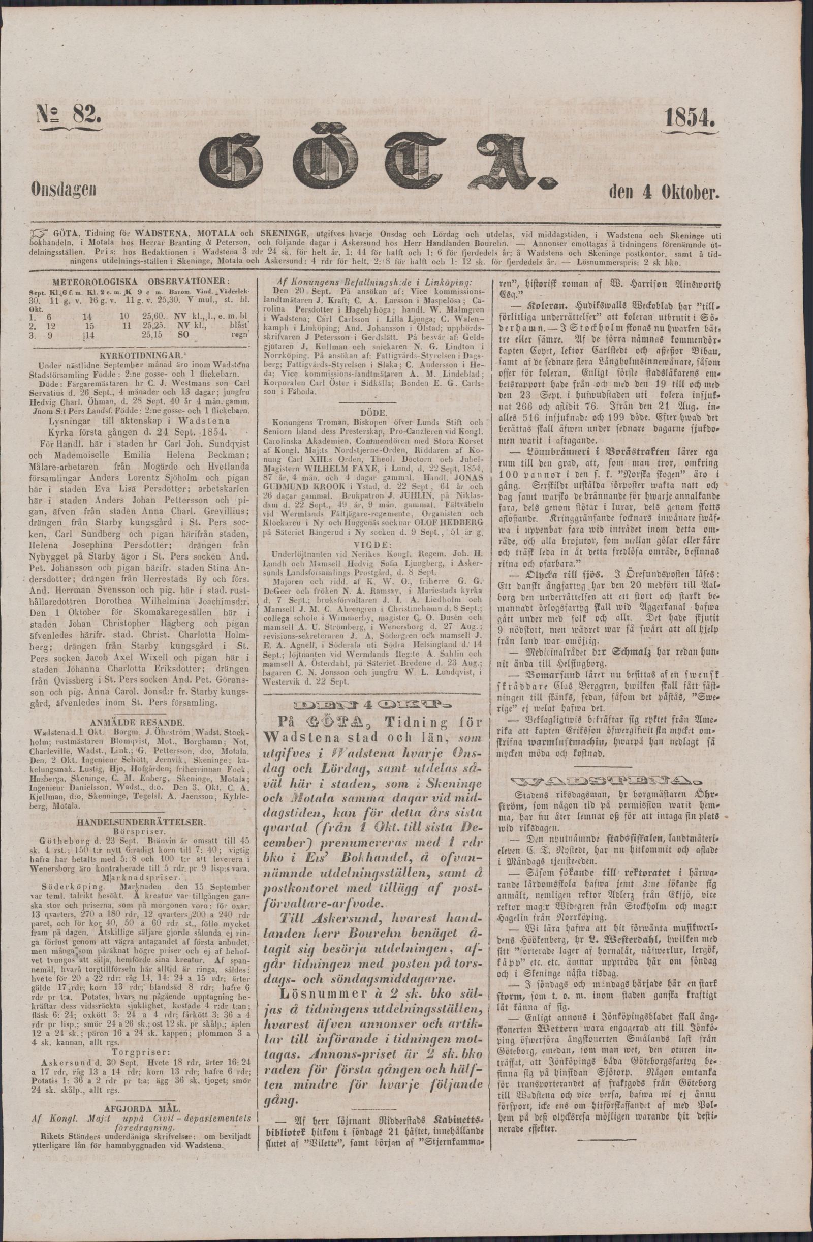 Tidningssida ur GÖTA, 1854-10-04