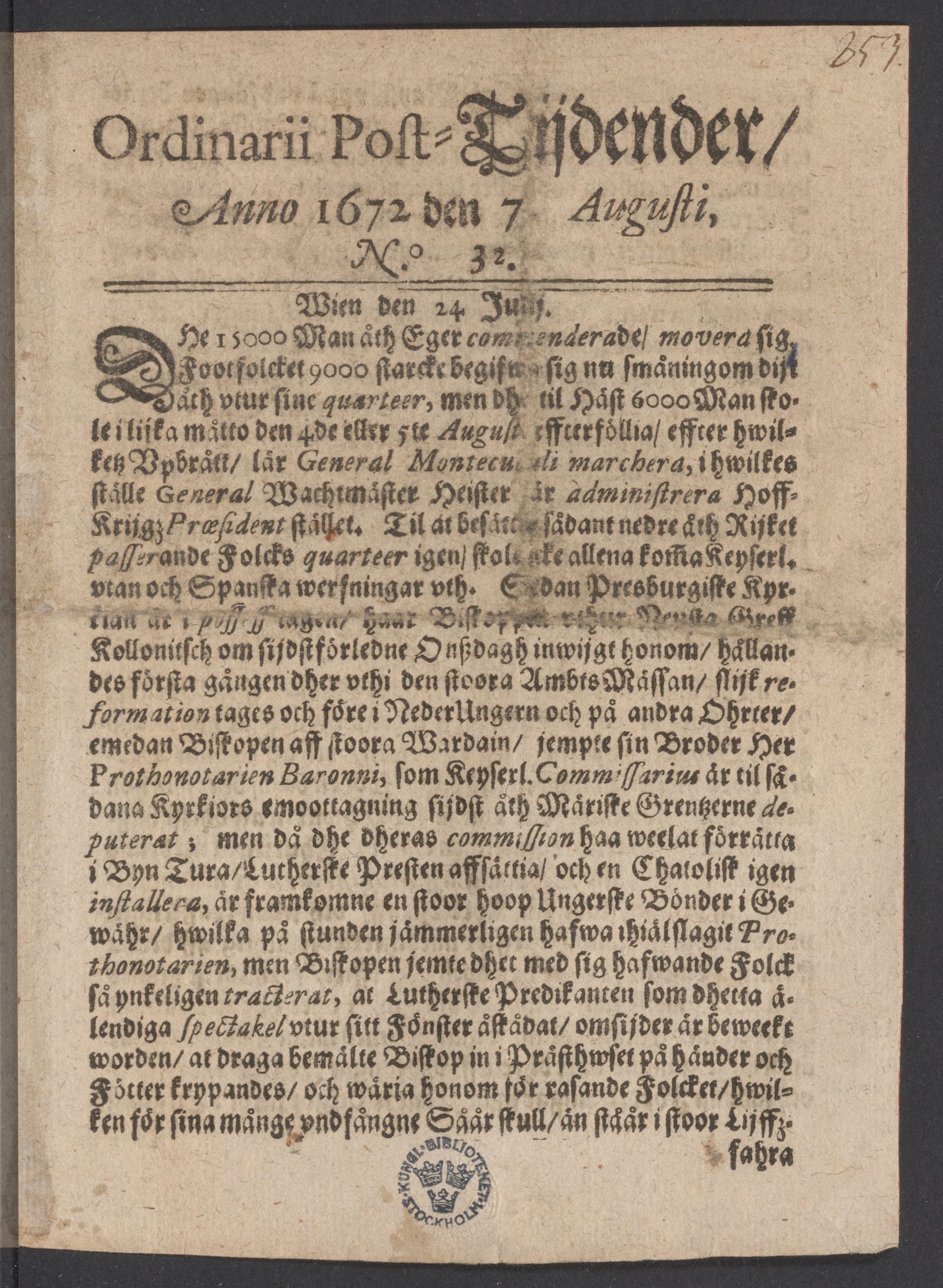 Tidningssida ur POSTTIDNINGAR, 1672-08-07