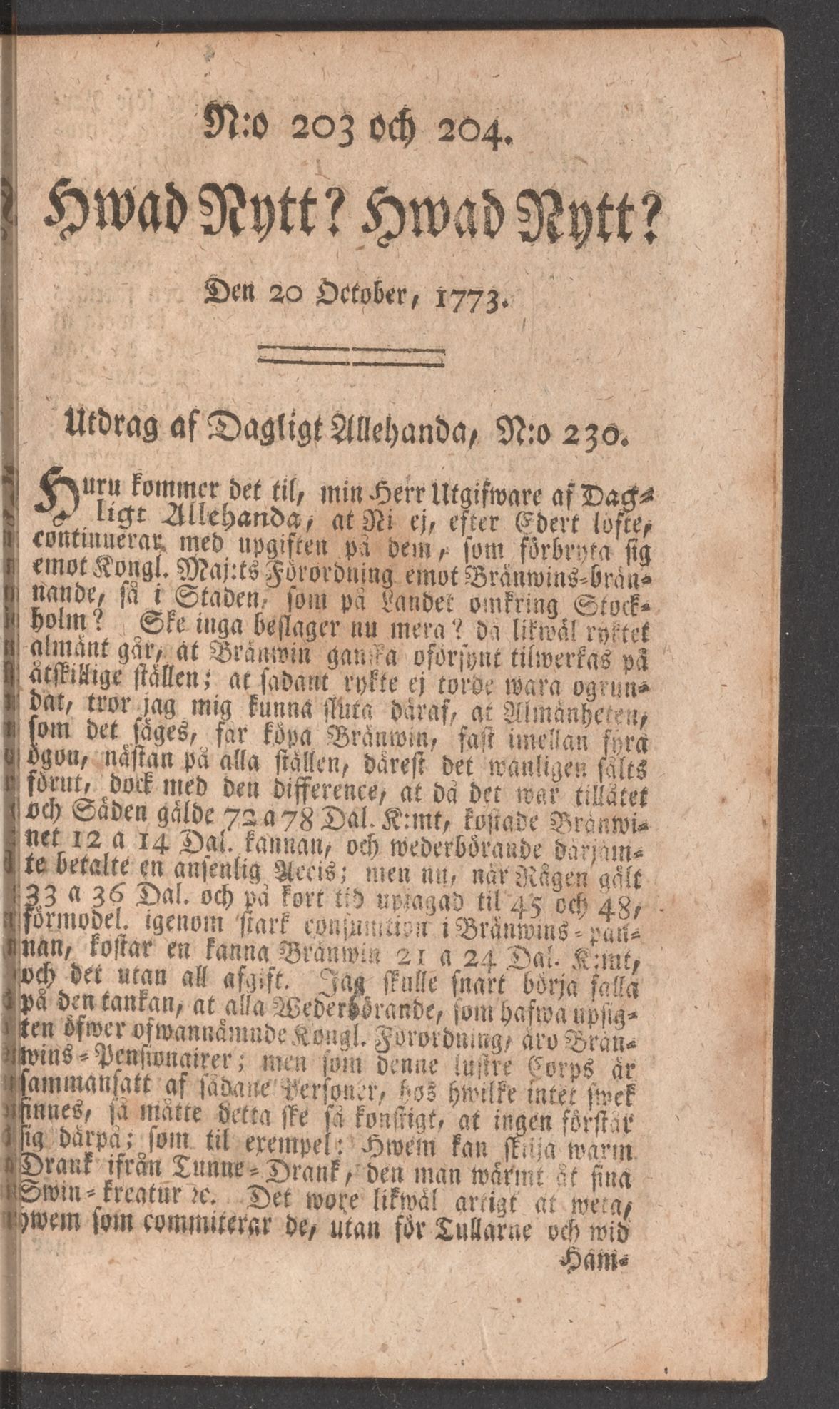Tidningssida ur HWAD NYTT?, 1773-10-20