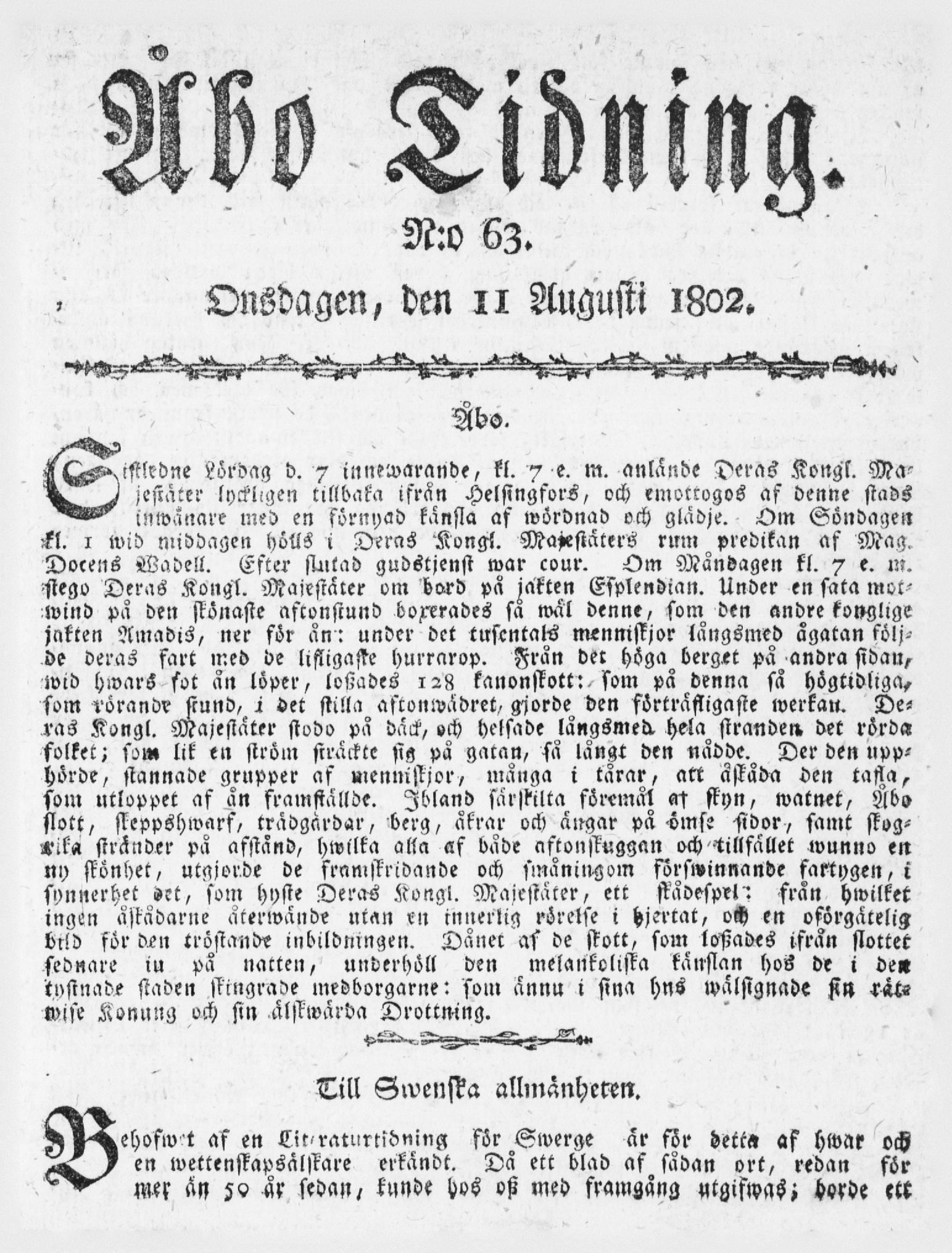 Tidningssida ur ÅBO TIDNING, 1802-08-11