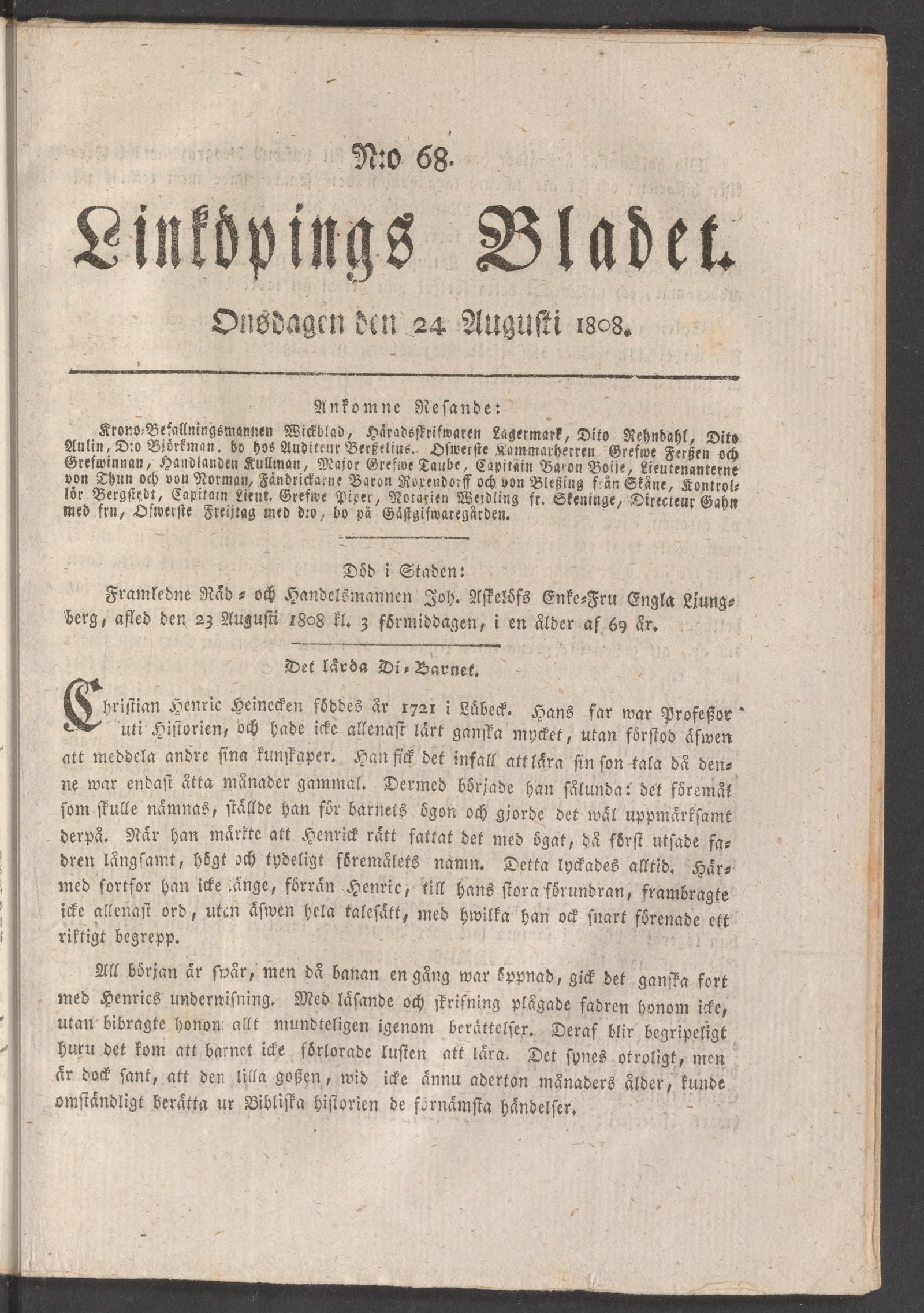 Tidningssida ur LINKÖPINGSBLADET, 1808-08-24