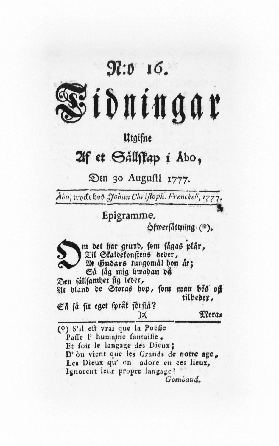 Tidningssida ur TIDNINGAR UTGIFNE AF ET SÄLLSKAP I ÅBO, 1777-08-30