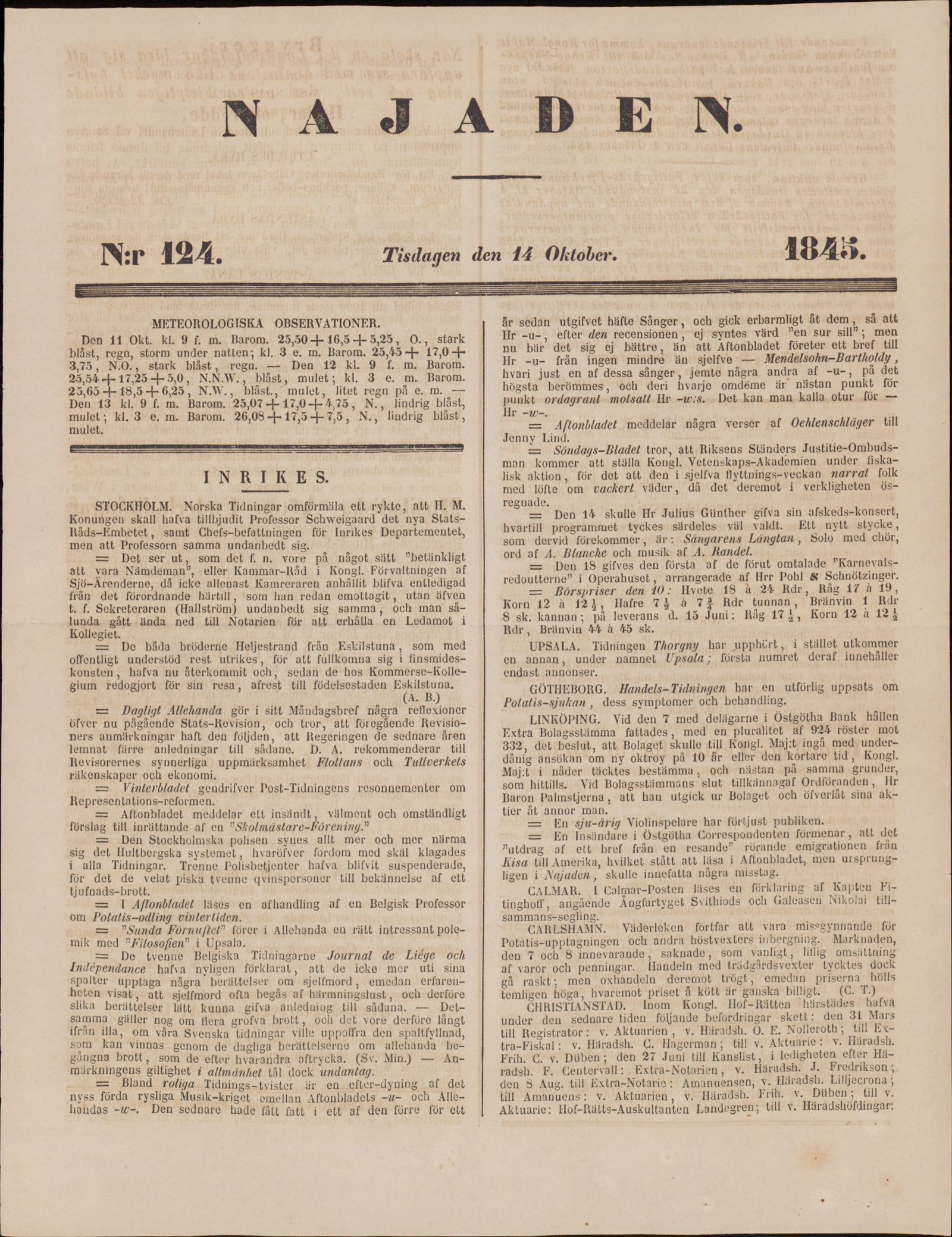 Tidningssida ur NAJADEN, 1845-10-14