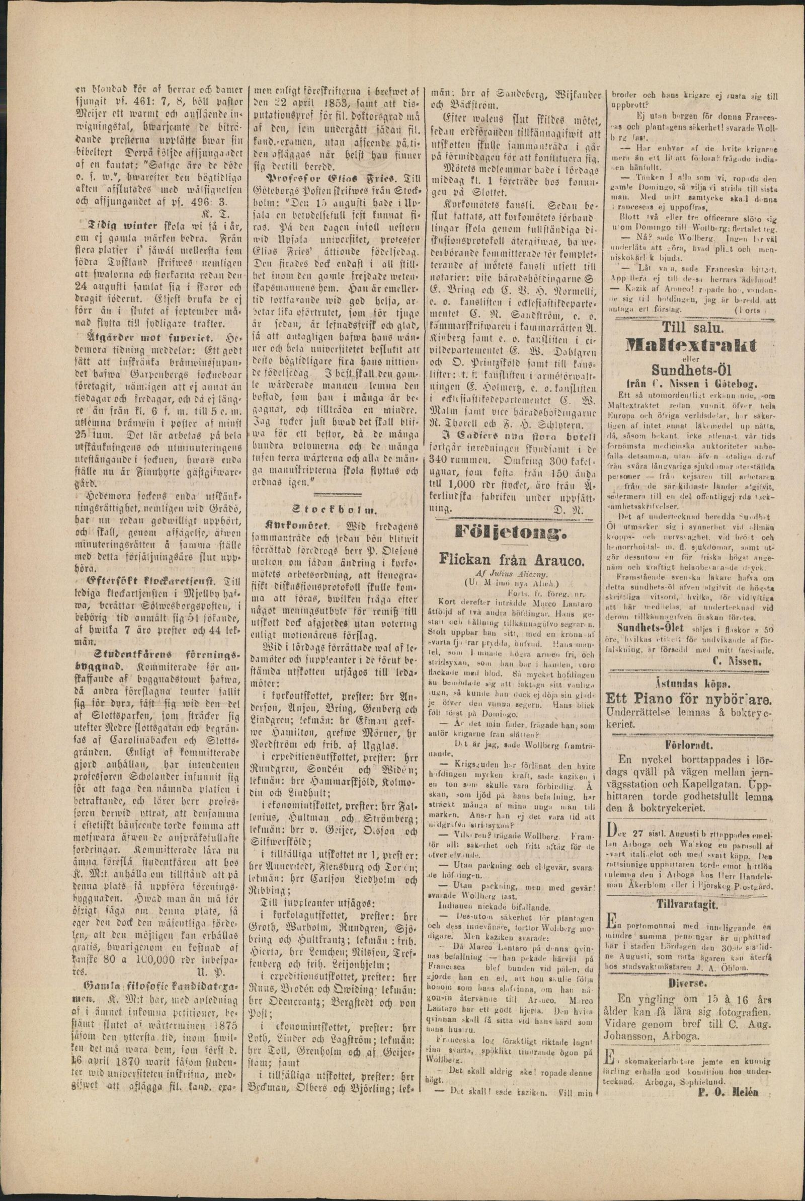 Tidningssida ur Arboga Tidning, 1873-09-09