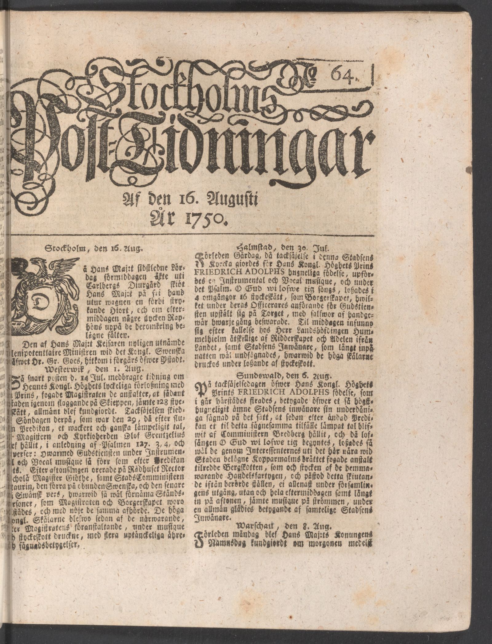 Tidningssida ur POSTTIDNINGAR, 1750-08-16