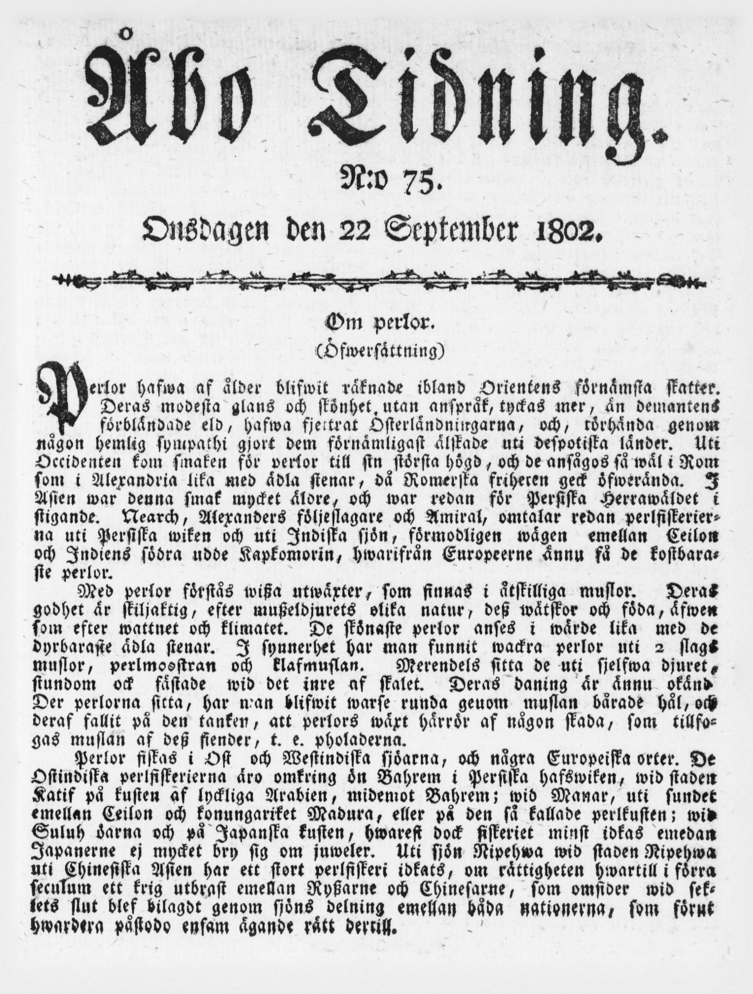 Tidningssida ur ÅBO TIDNING, 1802-09-22