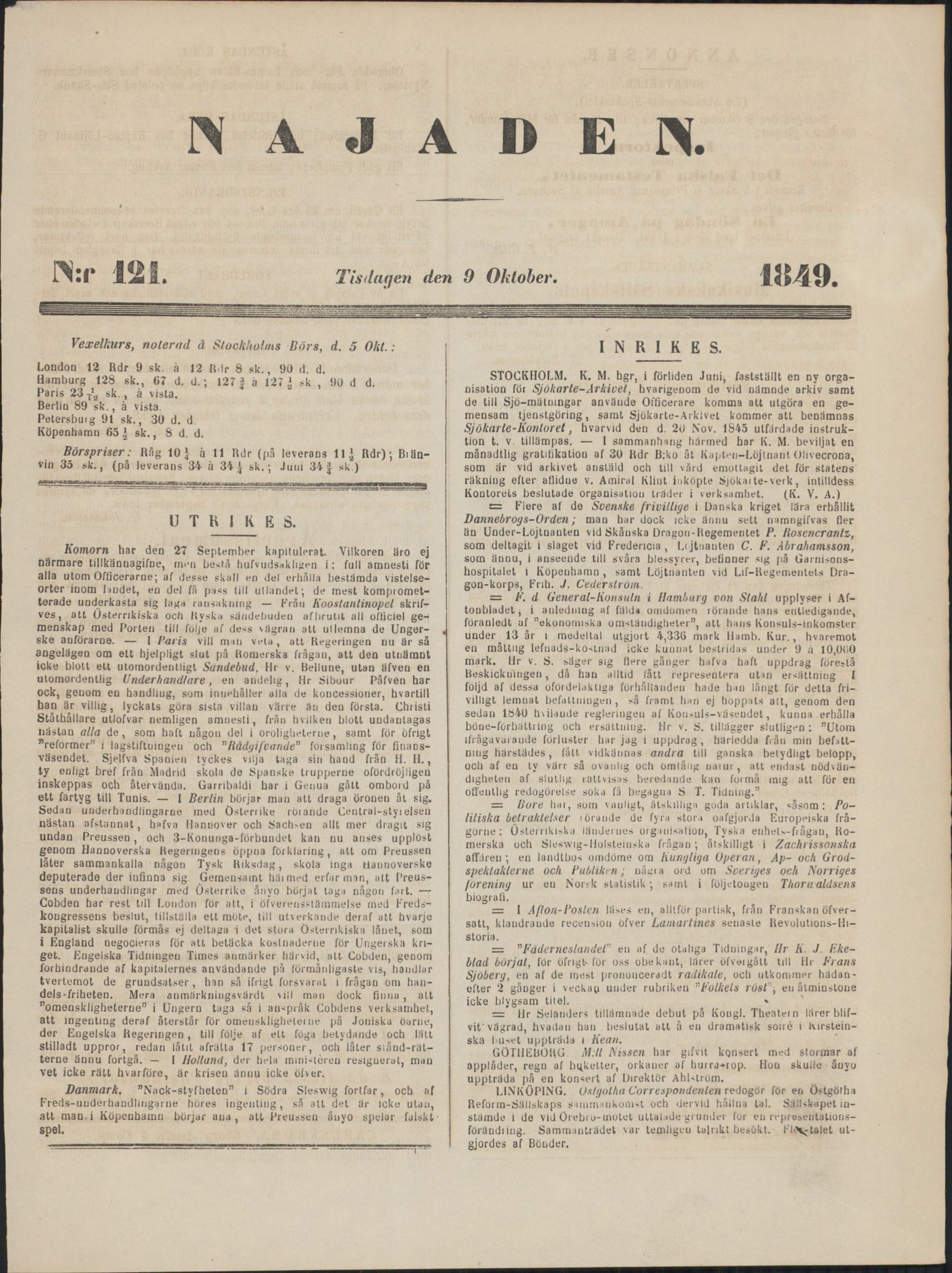 Tidningssida ur NAJADEN, 1849-10-09