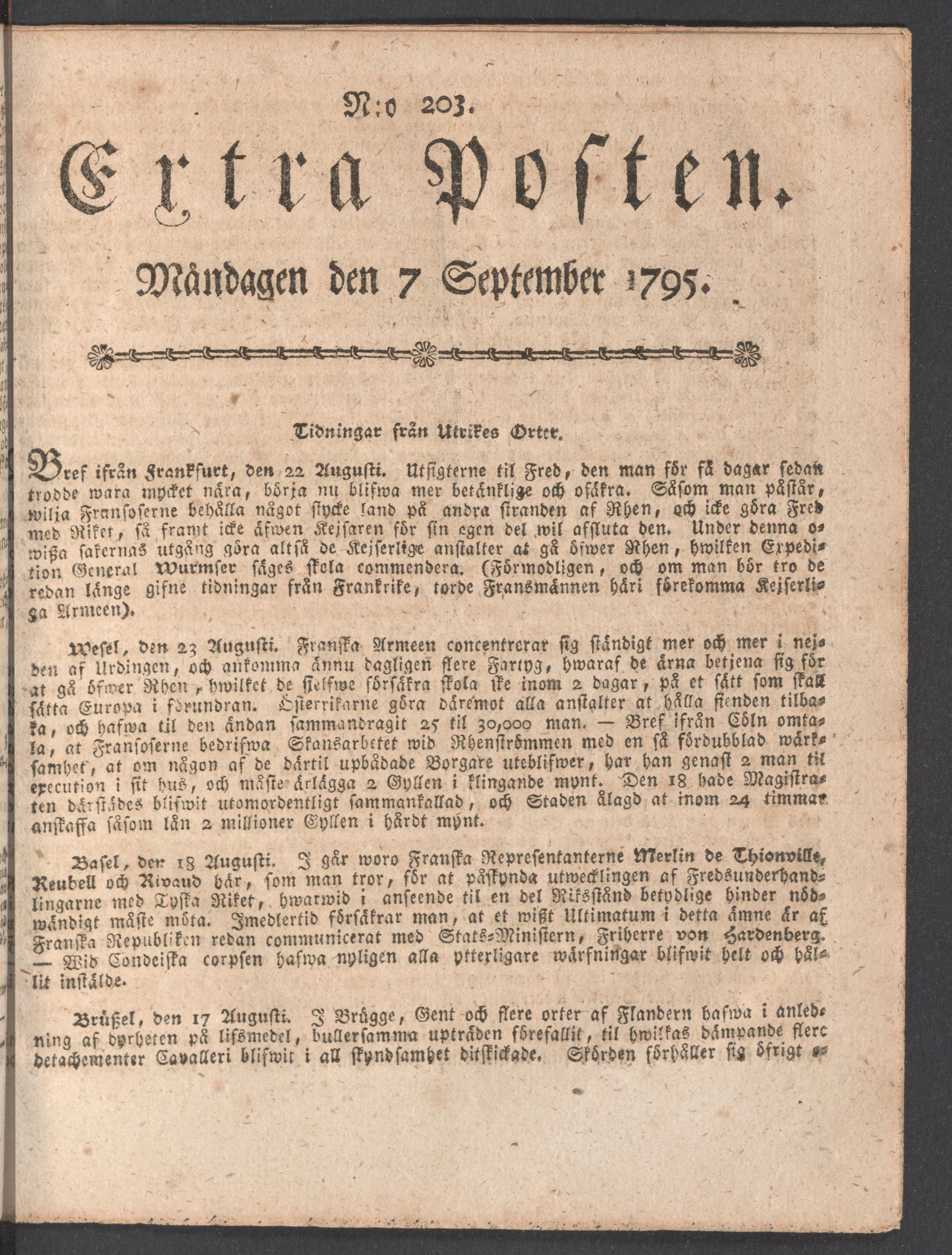 Tidningssida ur EXTRA POSTEN, 1795-09-07