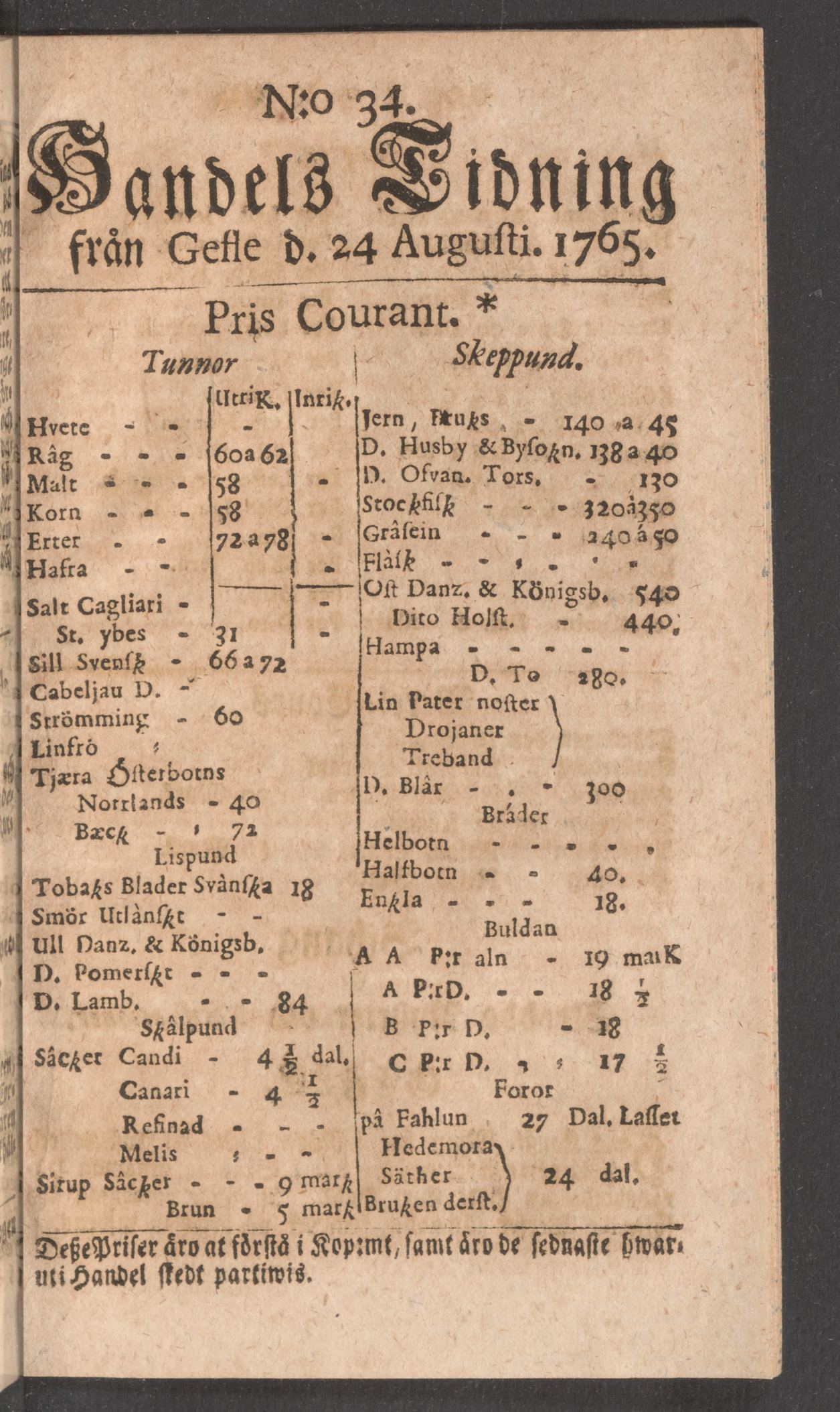 Tidningssida ur HANDELS TIDNING FRÅN GEFLE, 1765-08-24