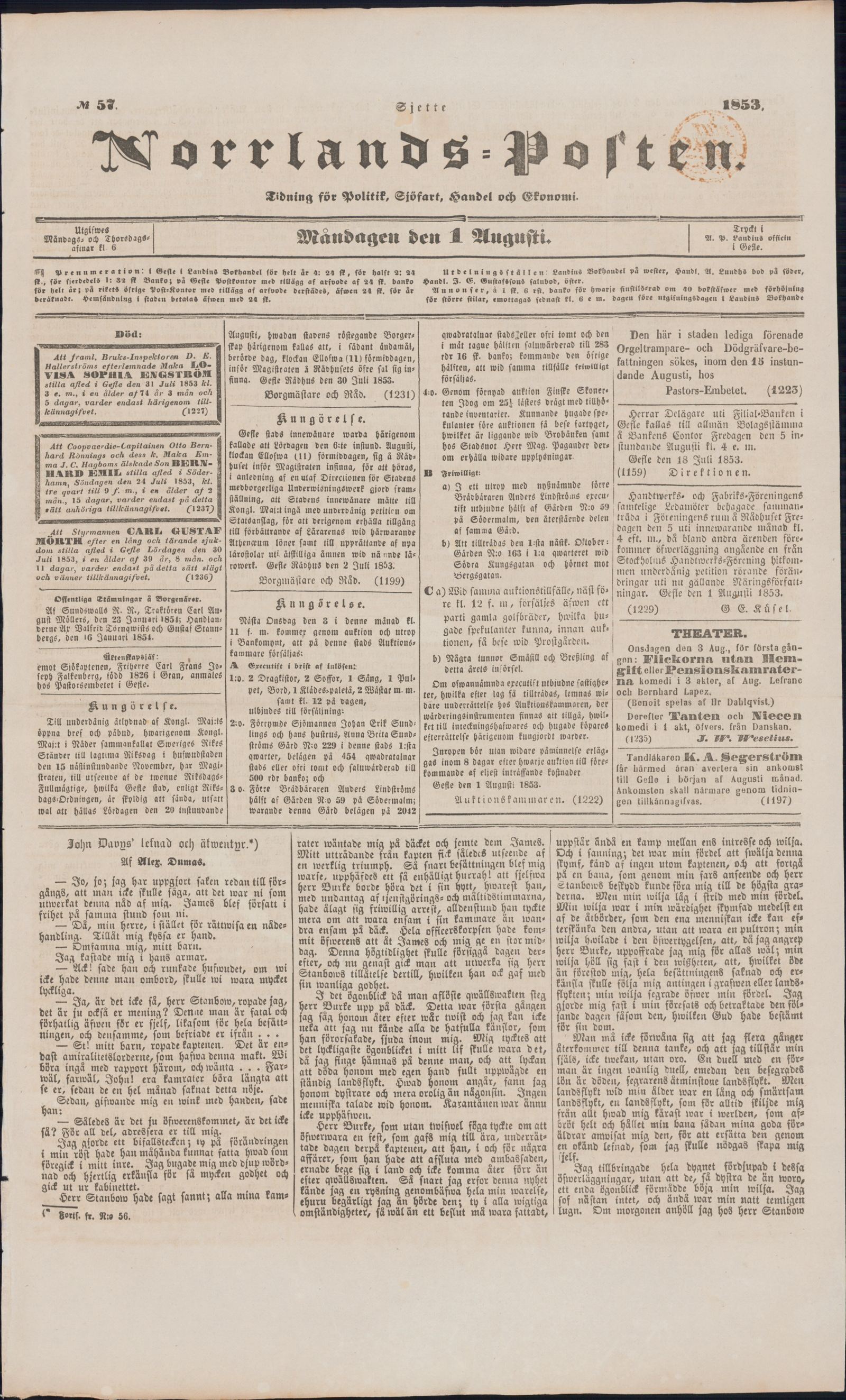 Tidningssida ur NORRLANDSPOSTEN, 1853-08-01