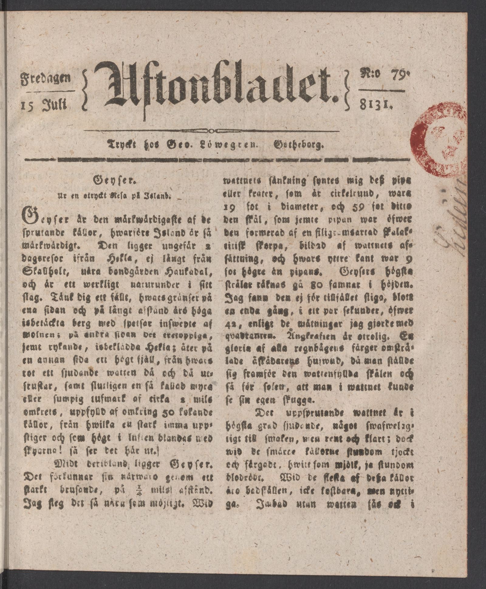 Tidningssida ur AFTONBLADET, 1831-07-15