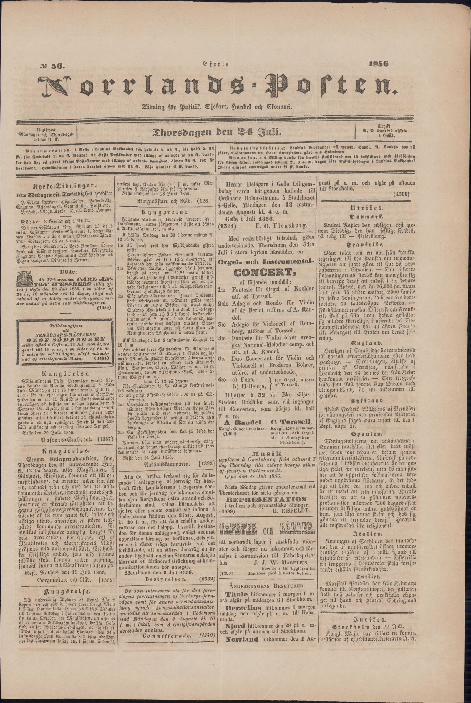 Tidningssida ur NORRLANDSPOSTEN, 1856-07-24