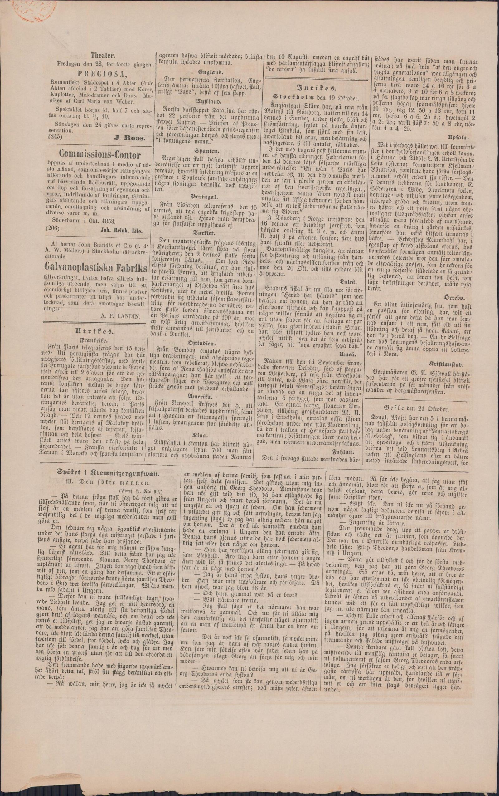 Tidningssida ur Norrlandsposten, 1858-10-21