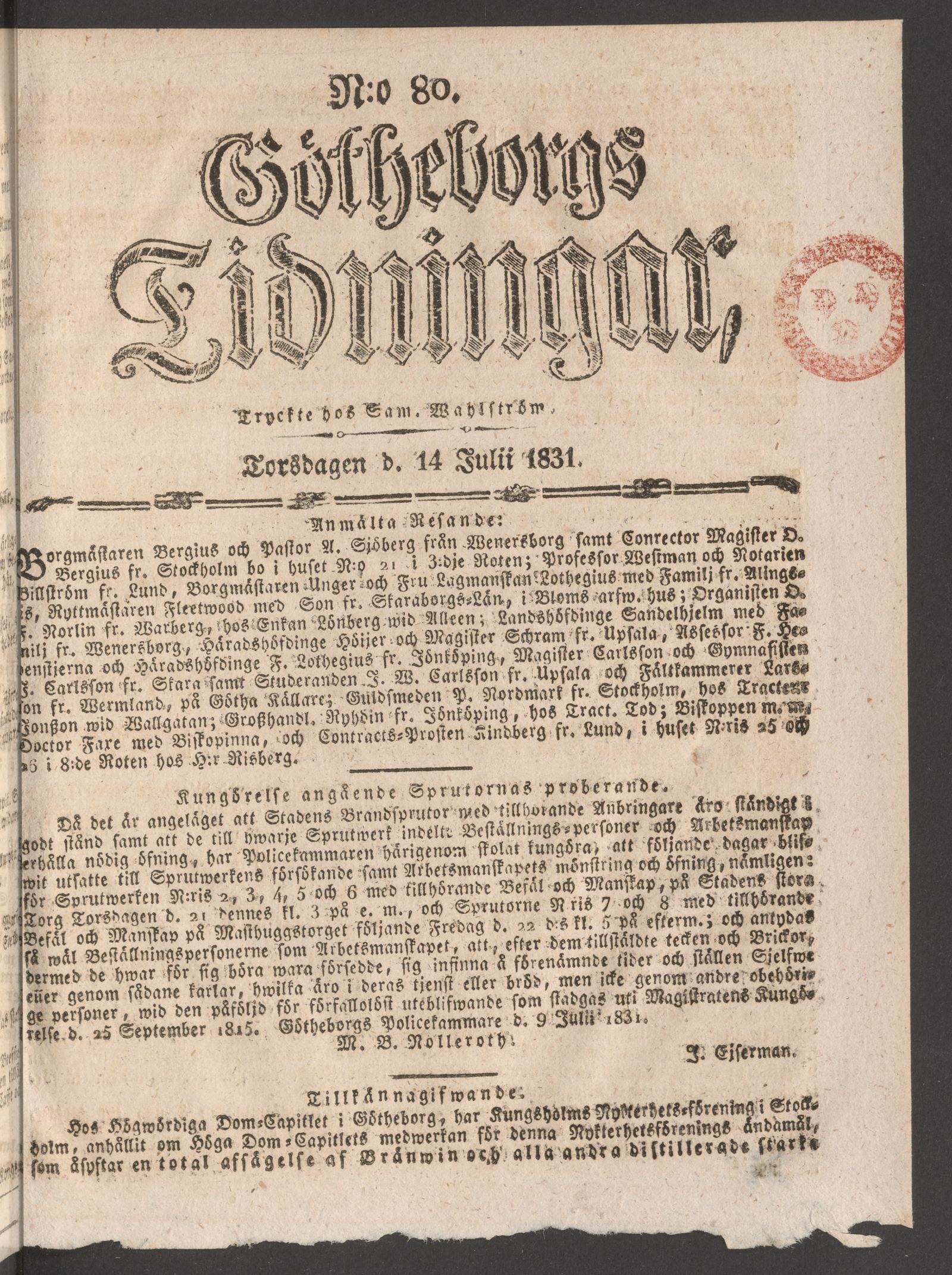 Tidningssida ur GÖTHEBORGS TIDNINGAR, 1831-07-14