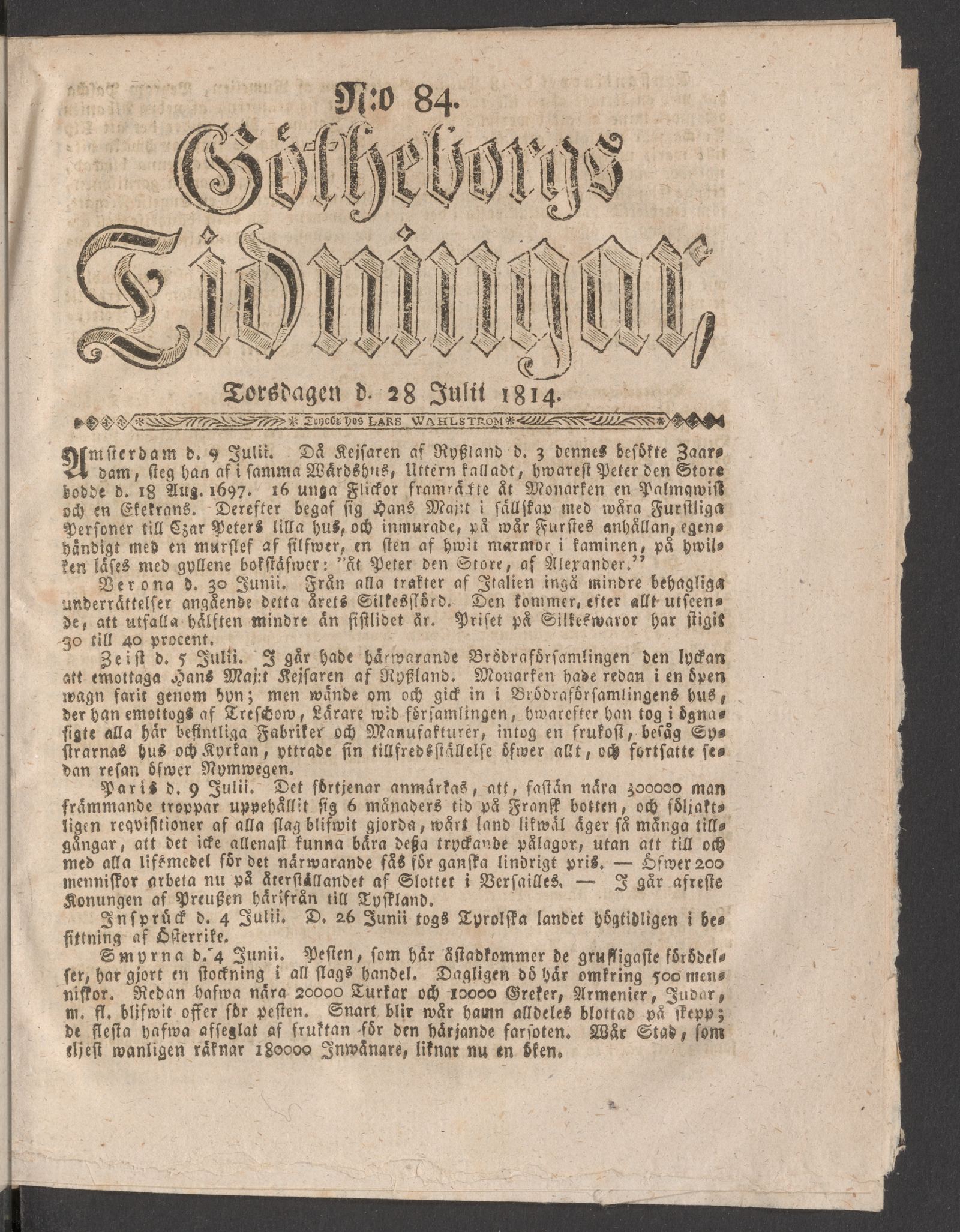 Tidningssida ur GÖTHEBORGS TIDNINGAR, 1814-07-28