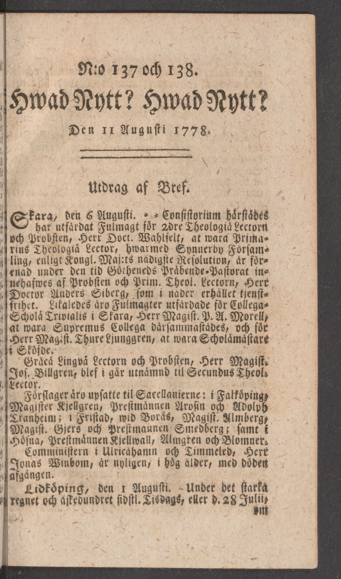 Tidningssida ur HWAD NYTT?, 1778-08-11