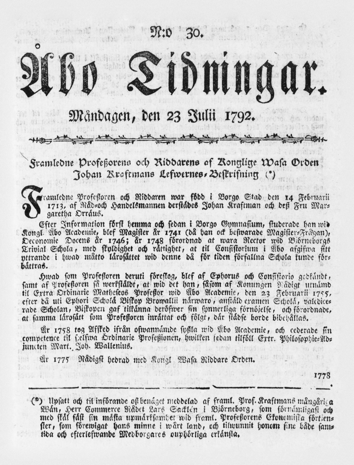 Tidningssida ur ÅBO TIDNINGAR, 1792-07-23
