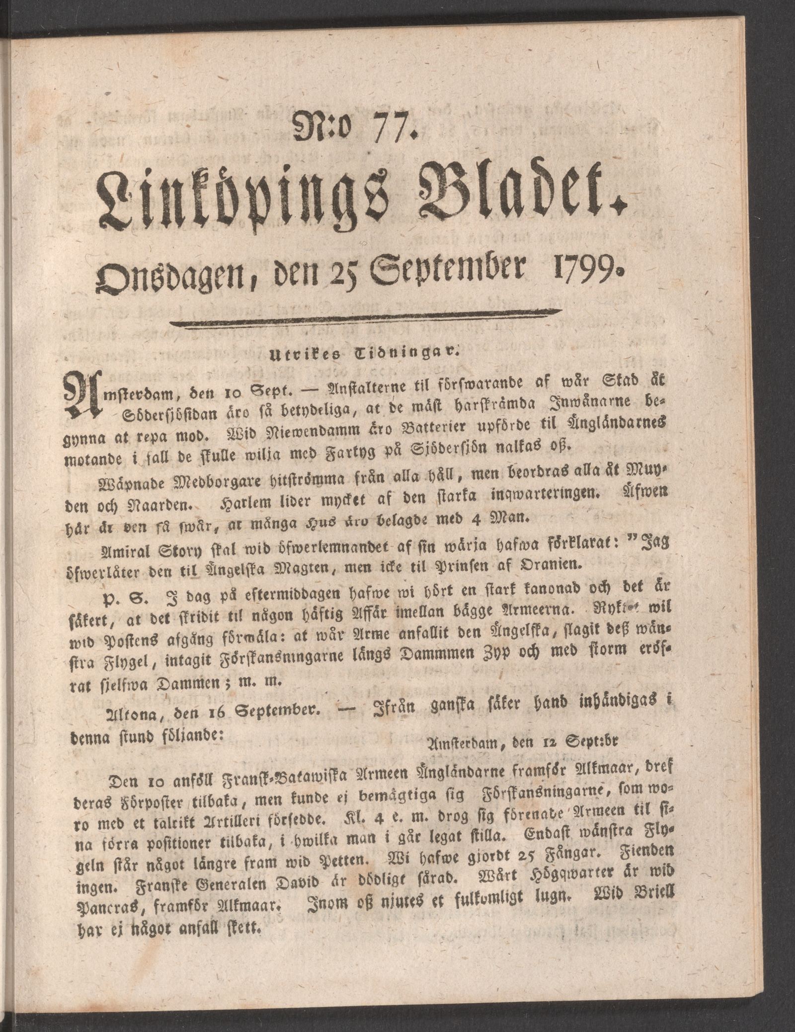 Tidningssida ur LINKÖPINGSBLADET, 1799-09-25