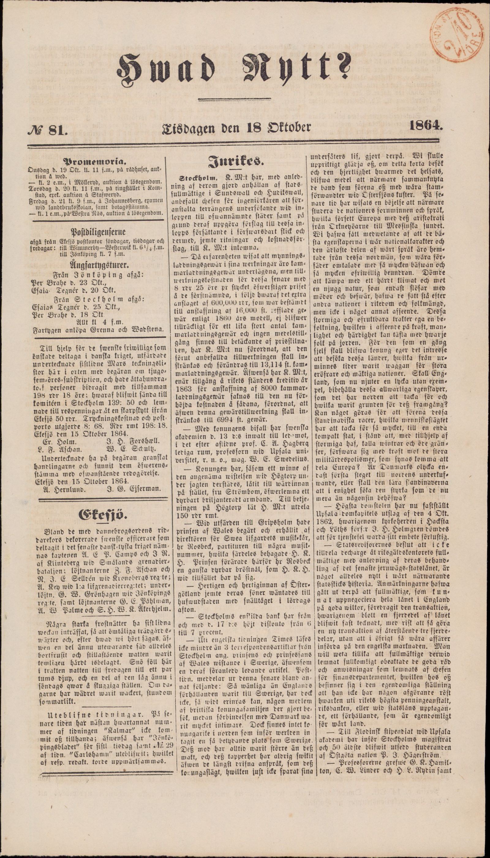 Tidningssida ur HVAD NYTT?, 1864-10-18
