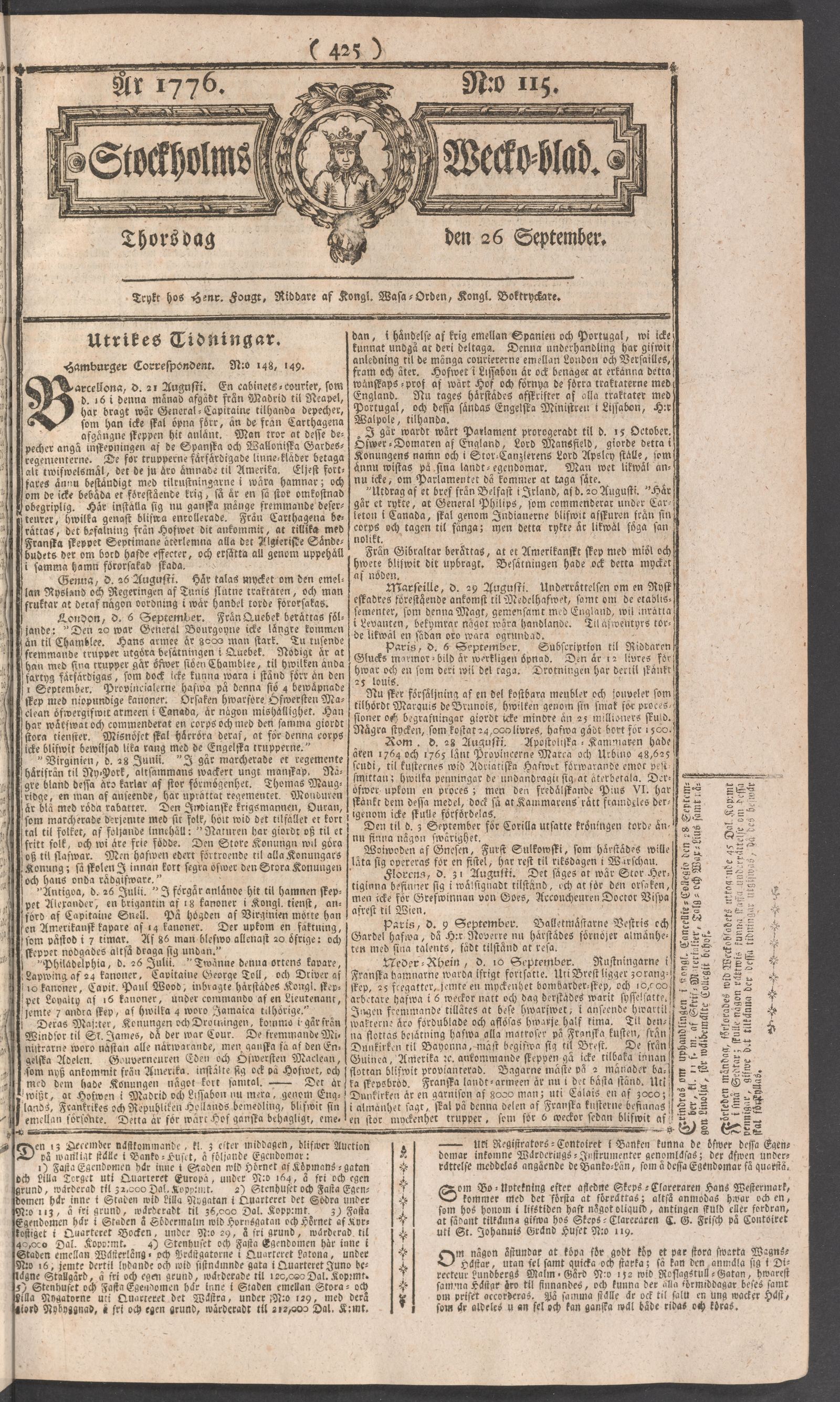 Tidningssida ur STOCKHOLMS WECKOBLAD, 1776-09-26