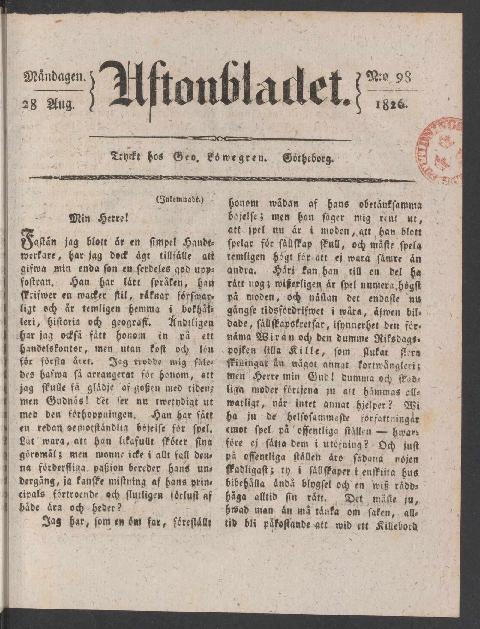 Tidningssida ur AFTONBLADET, 1826-08-28
