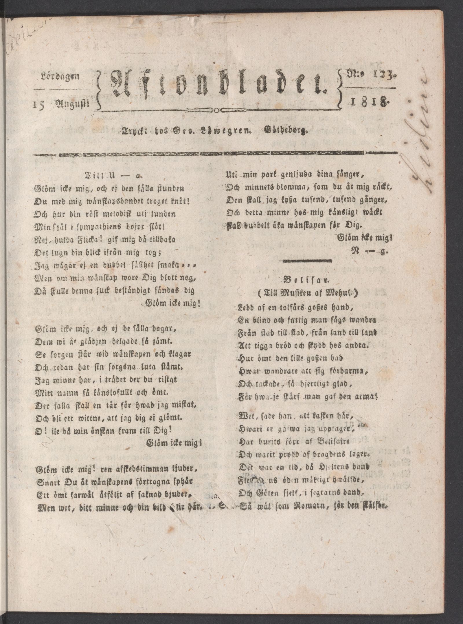 Tidningssida ur AFTONBLADET, 1818-08-15