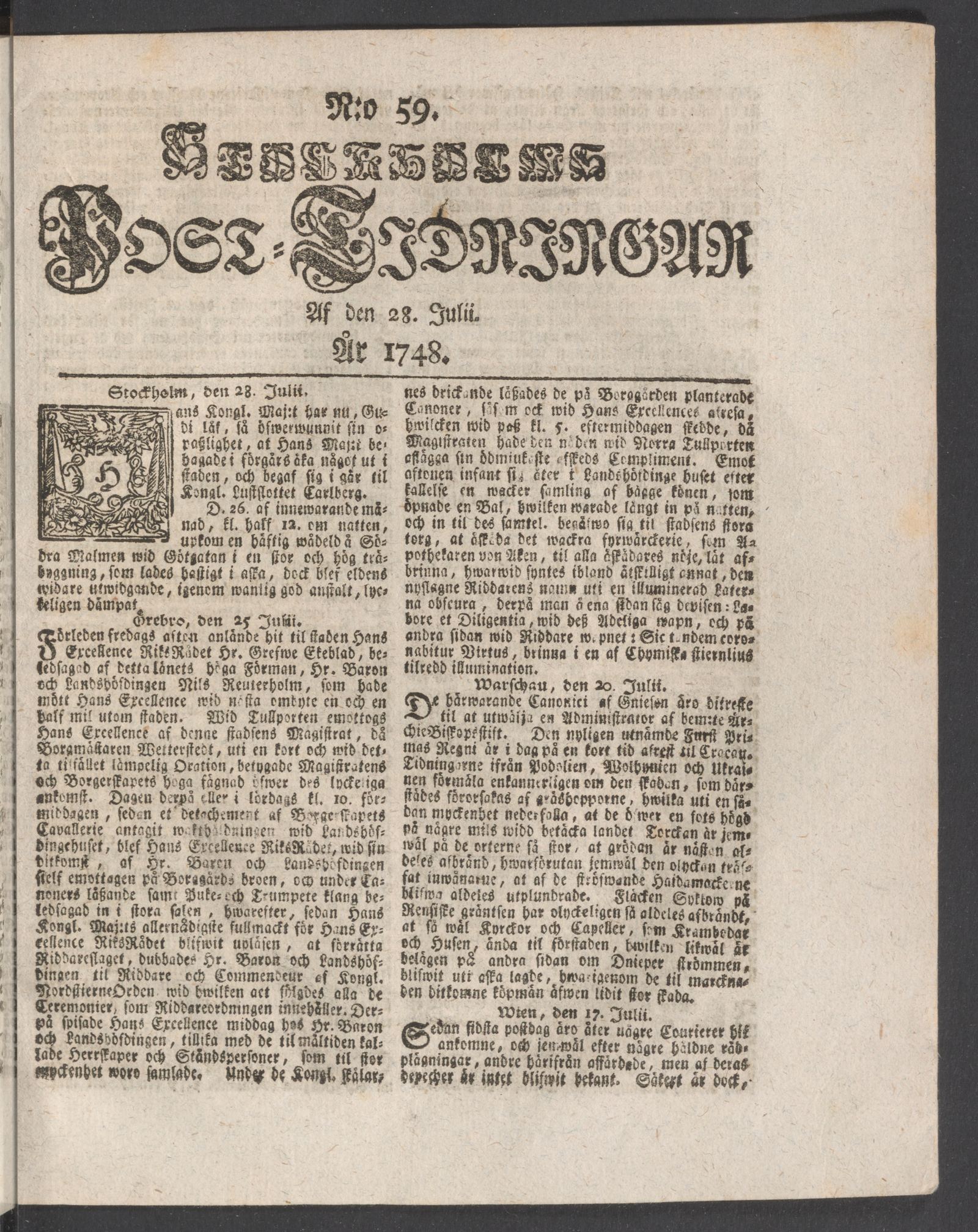 Tidningssida ur POSTTIDNINGAR, 1748-07-28