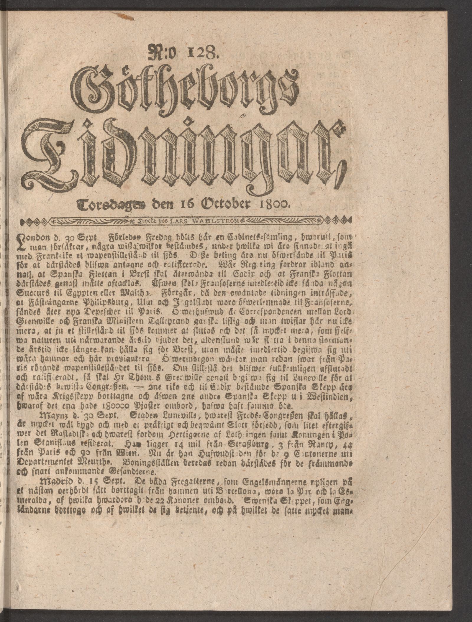 Tidningssida ur GÖTHEBORGS TIDNINGAR, 1800-10-16