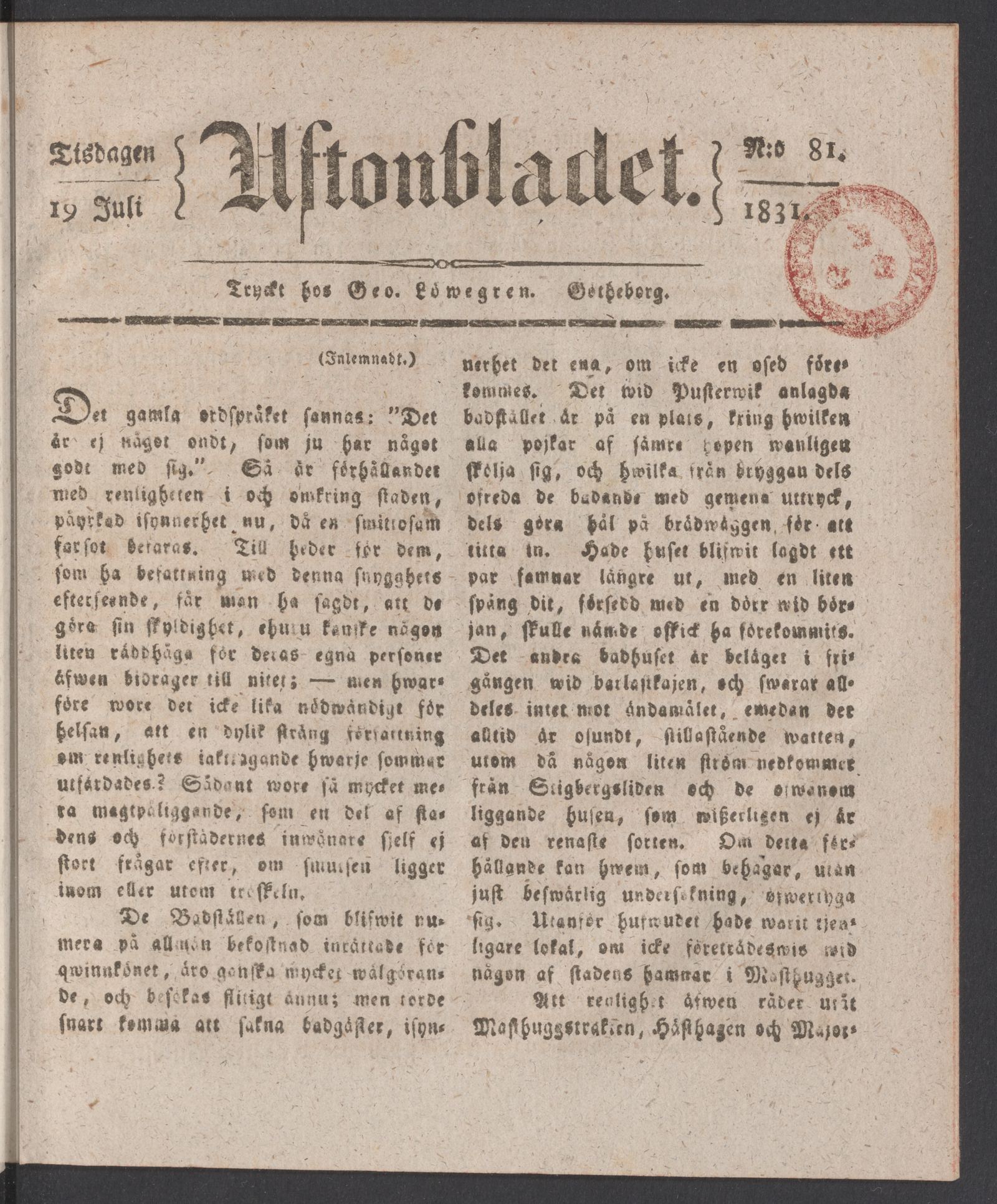 Tidningssida ur AFTONBLADET, 1831-07-19
