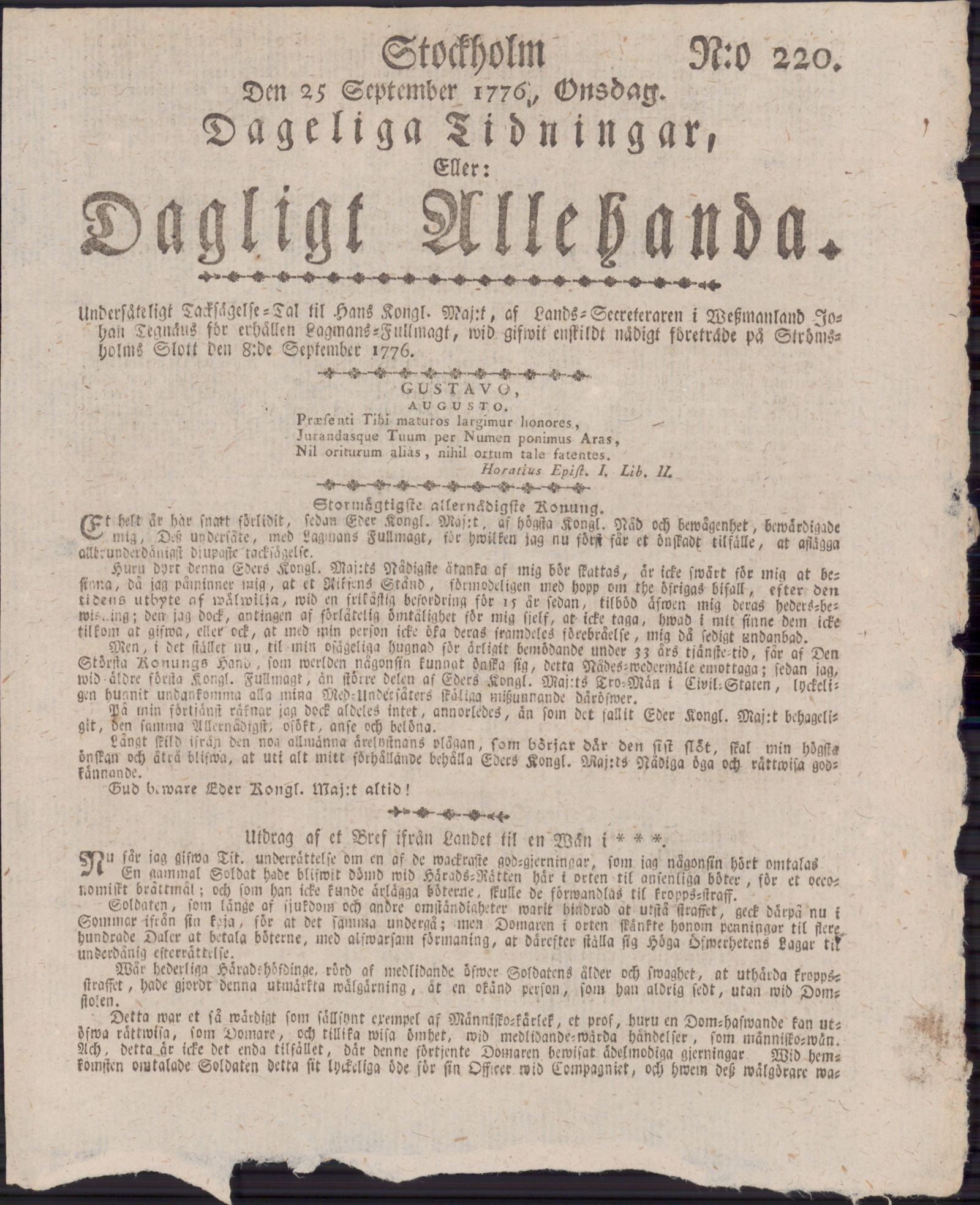 Tidningssida ur DAGLIGT ALLEHANDA, 1776-09-25