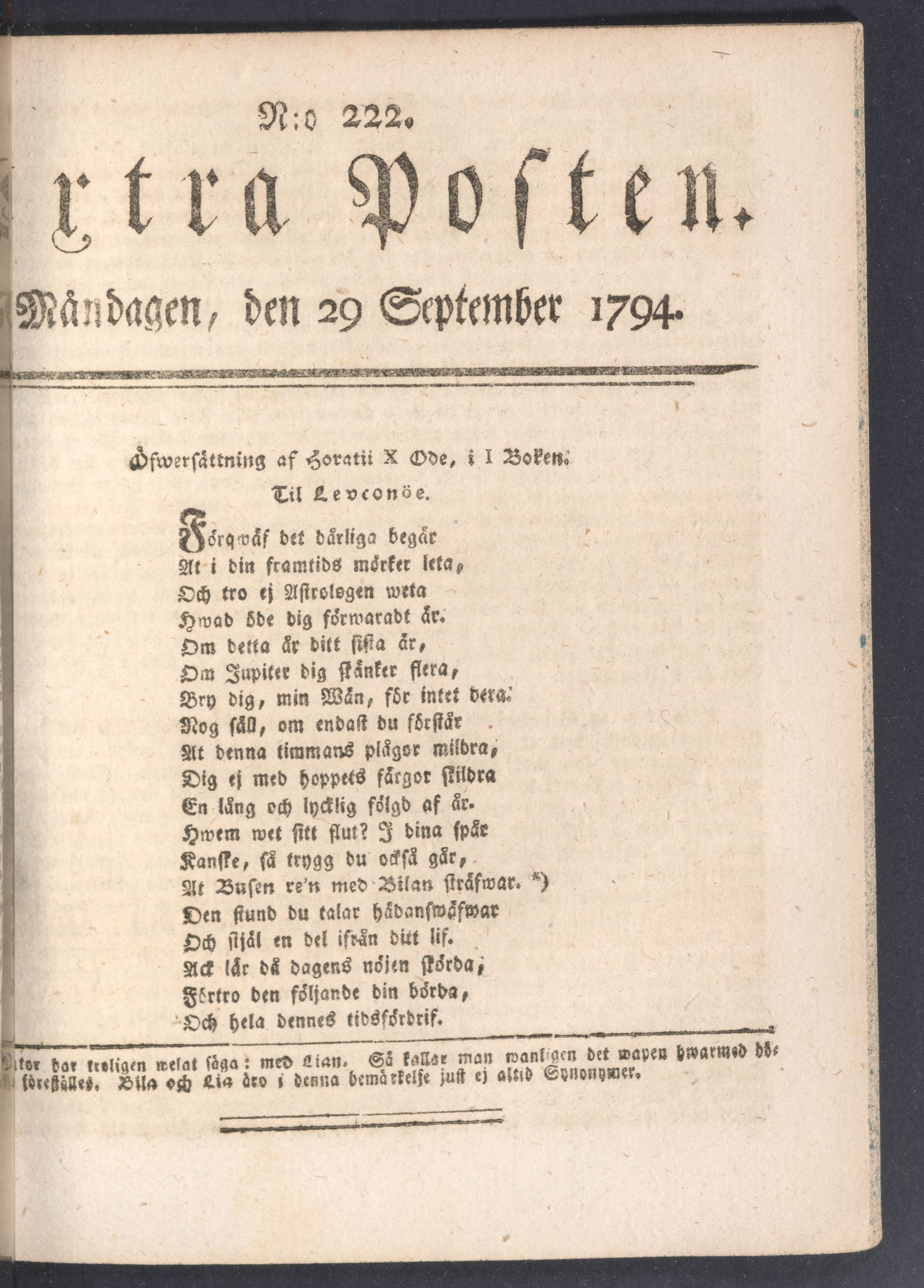 Tidningssida ur EXTRA POSTEN, 1794-09-29