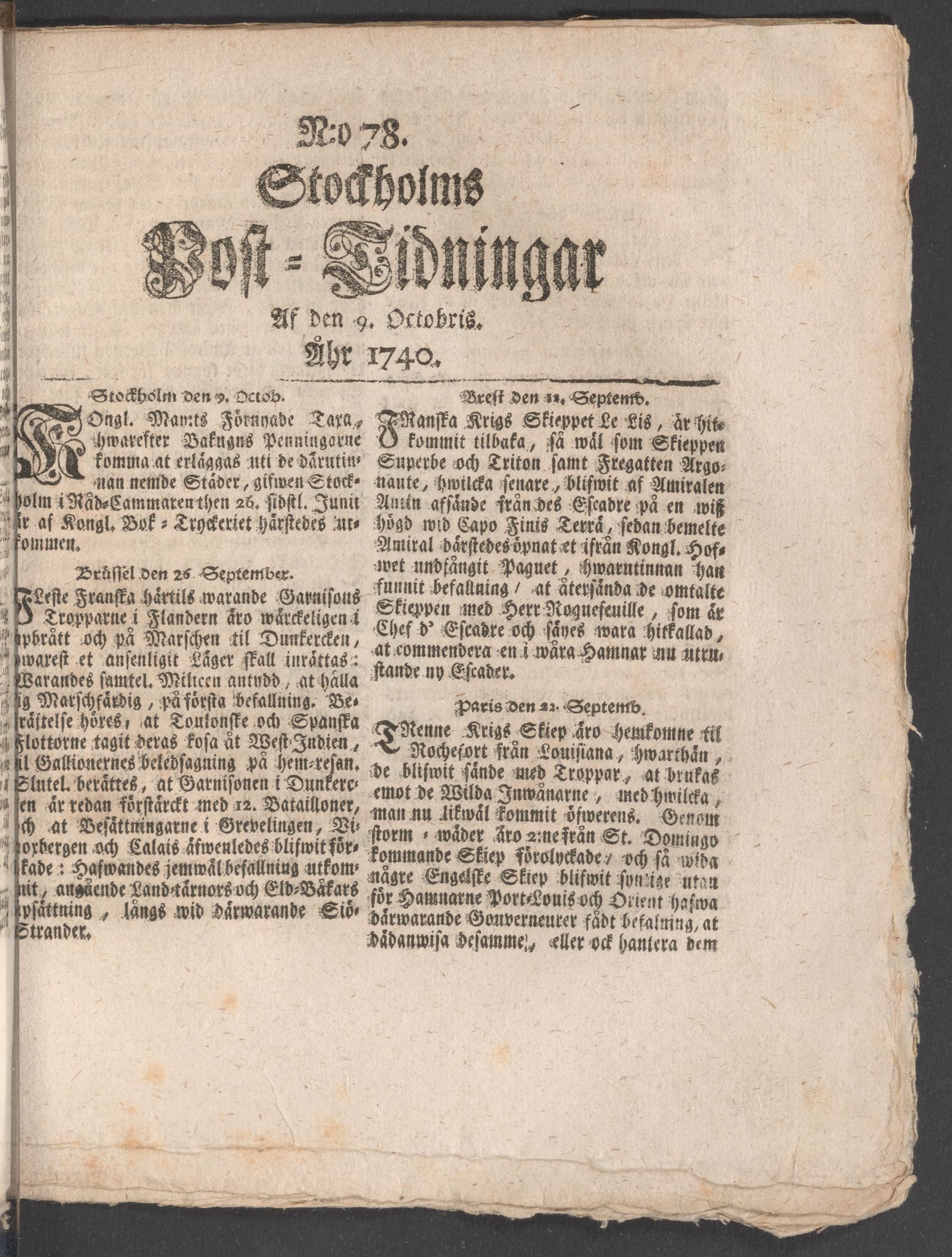 Tidningssida ur POSTTIDNINGAR, 1740-10-09